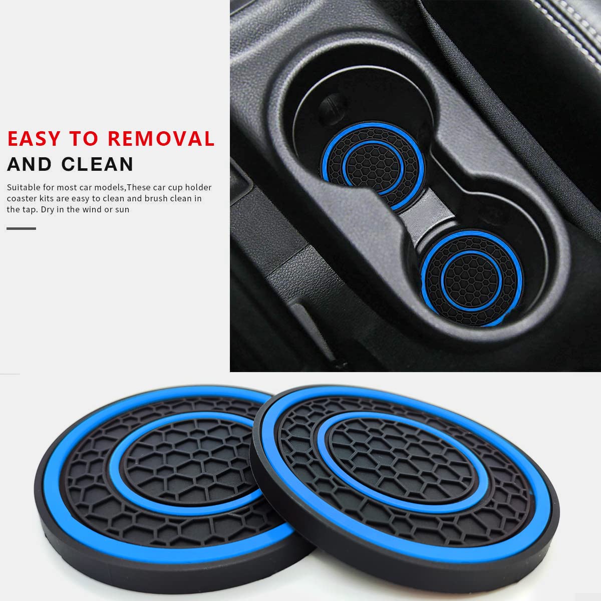 Auprite Car Cup Holder Coasters, 2 Pack Universal Auto Anti Slip Cup Holder Insert Coaster, Car Interior Accessories (Blue)