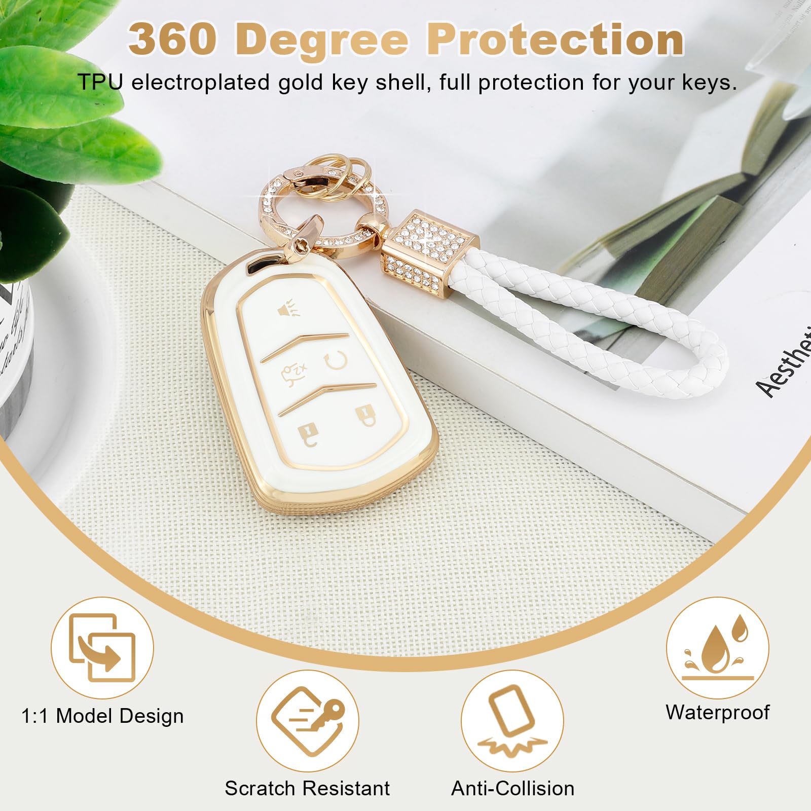 Pifoog Key Fob Cover Fit For Cadillac Xt5 Xt6 Xt4 Cts Ct6 Ats Srx Xts 5 Buttons White Gold Car Keys Case Shell Bling Keychain Fu