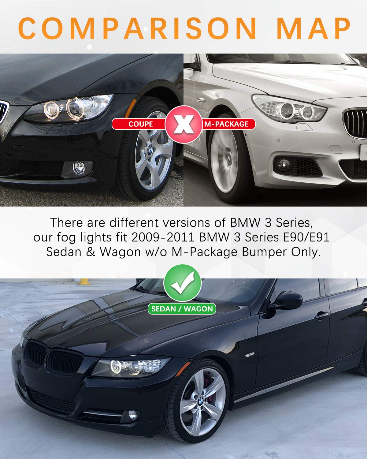 Fog Lights For 2009-2011 Bmw 3 Series Sedan/Wagon E90/E91 (W/O M Pkg) With Clear Lens 2Pcs Autowiki