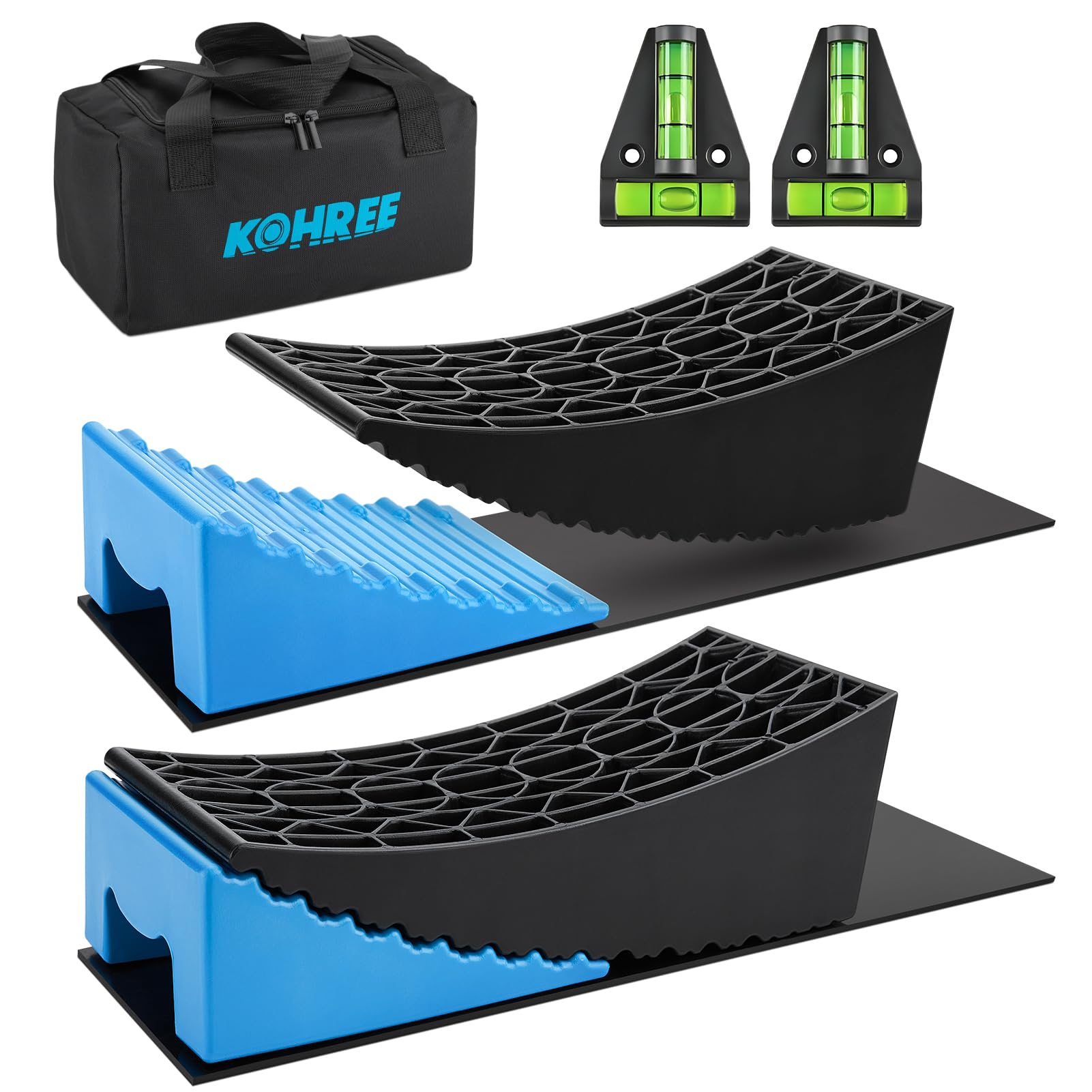 Kohree Rv Leveling Blocks, Up To 35,000 Lbs, Upgrade 2 Packs Sturdy Rv Curved Levelers With 2 Blue Chocks, 2 Non-Slip Mats, 1 Ca