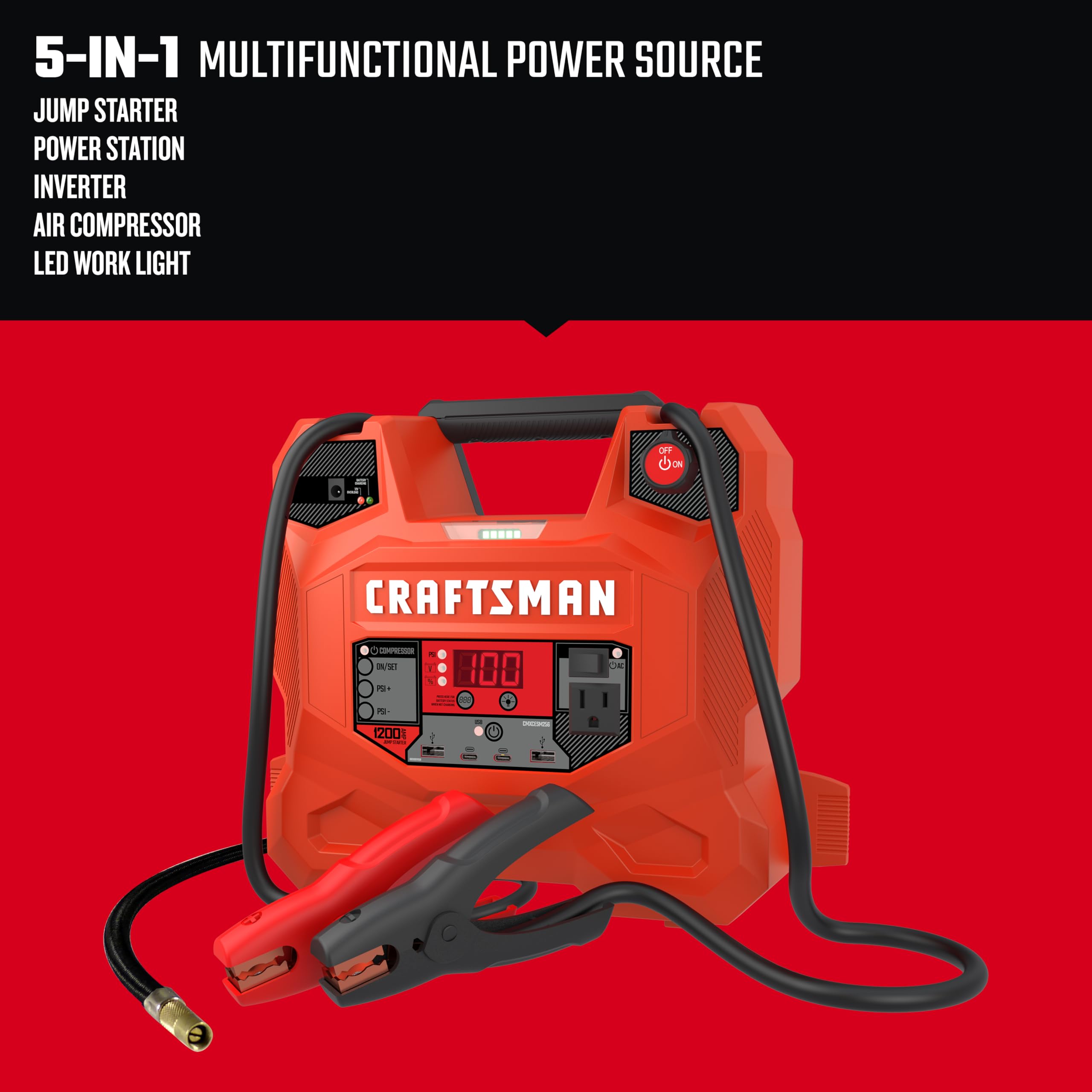 CRAFTSMAN Jump Starter and Portable Power Station, 100-PSI Air Compressor, CMXCESM256, 5-in-1, 1200 Amps, 12 Volt, 200 Continuou
