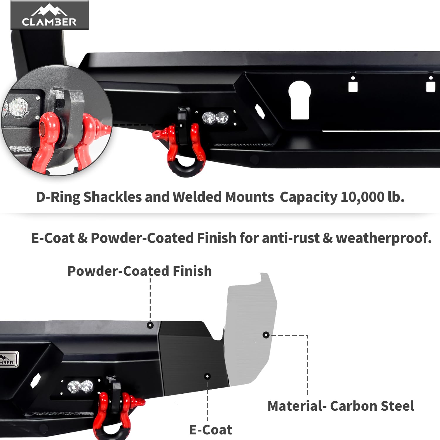 CLAMBER Off-Road Rear Bumper for Toyota Tacoma 3rd Gen 2016-2023 Textured Black Back Bumper Guard Heavy Duty Carbon Steel with L