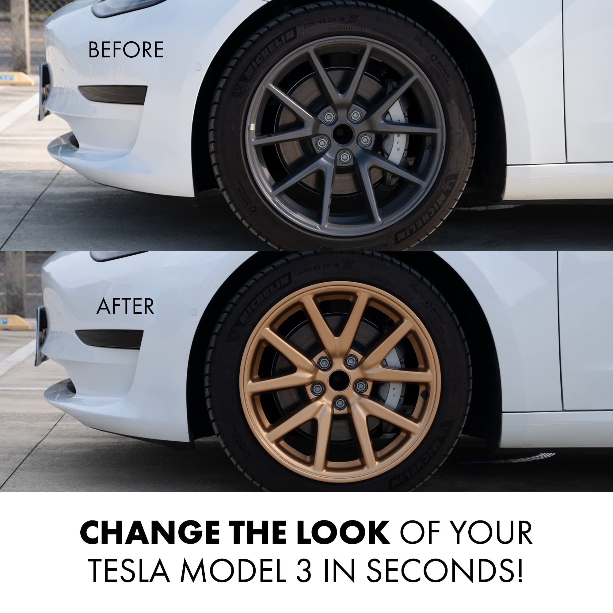 Mayde 18-Inch Hub Caps Fits 2017-2022 Tesla Model 3, Replacement Wheel Covers (Set Of 4,) (Metallic Gold)