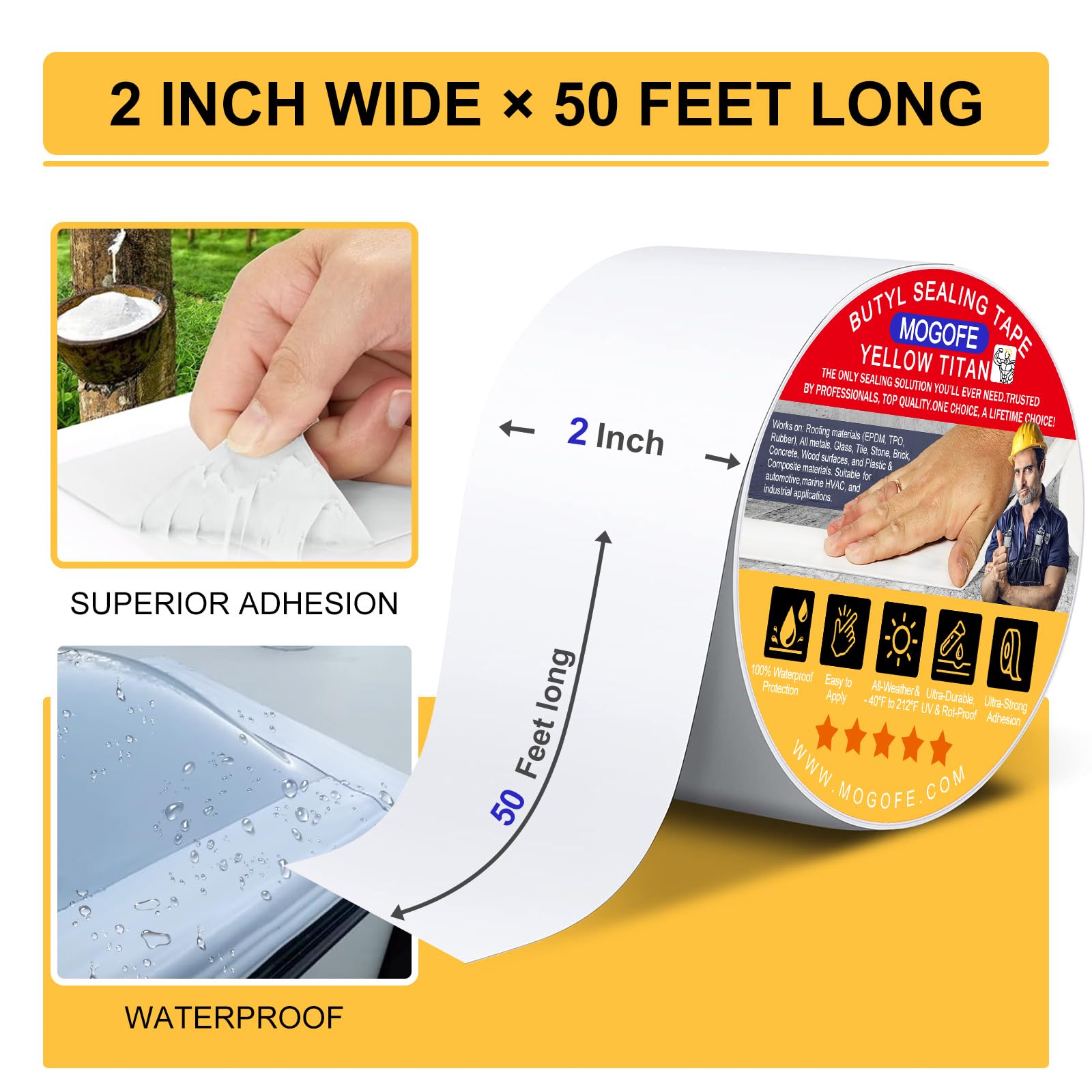 RV Roof Sealant Tape White, MOGOFE 2 Inch x 50 Feet RV Repair Roof Sealer Seal Tape UV-Resistant Waterproof Sealant Tape for RV