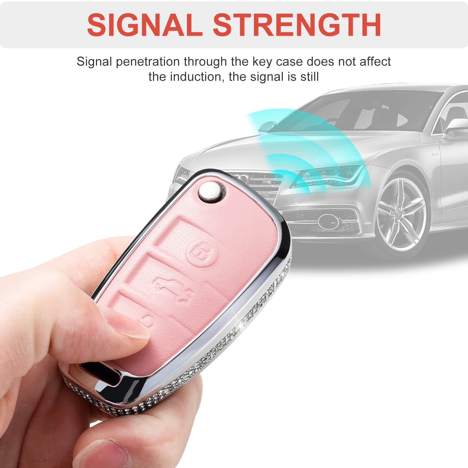 RUABIBAN Pink Genuine Leather Key Fob Cover for Audi A1 A3 Q3 Q7 R8 A6L TT - Crystal Protection Shell, Fits Audi D