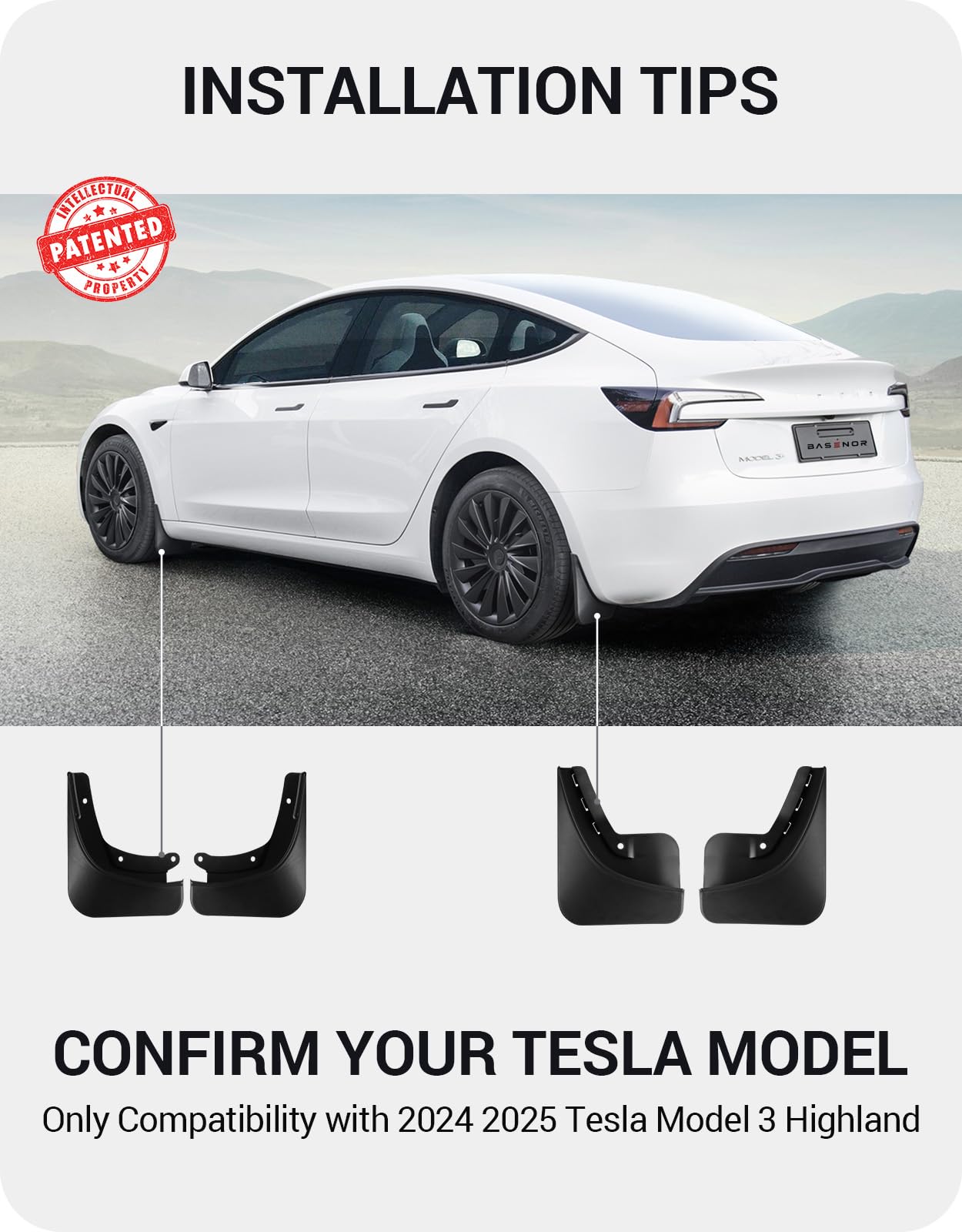 Basenor Upgraded 2024 2025 Tesla Model 3 Highland Mud Flaps Splash Guards Fenders No Drilling No Tape Mudflaps All Weather Prote