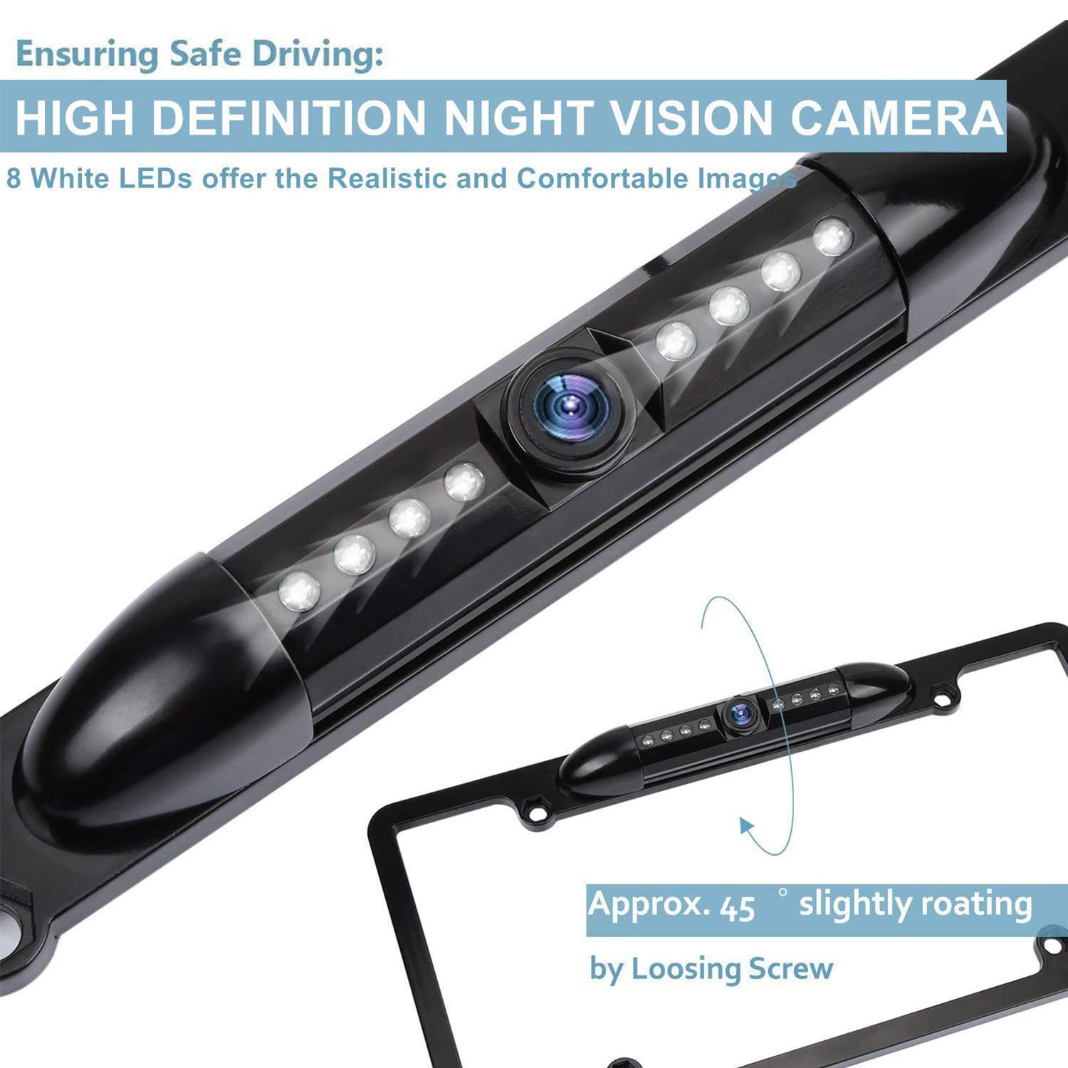 Aociska License Plate Frame Backup Camera, Rear View Camera With 8 Led, 170 Viewing Angle Night Vision Car Camera,Waterproof Bac