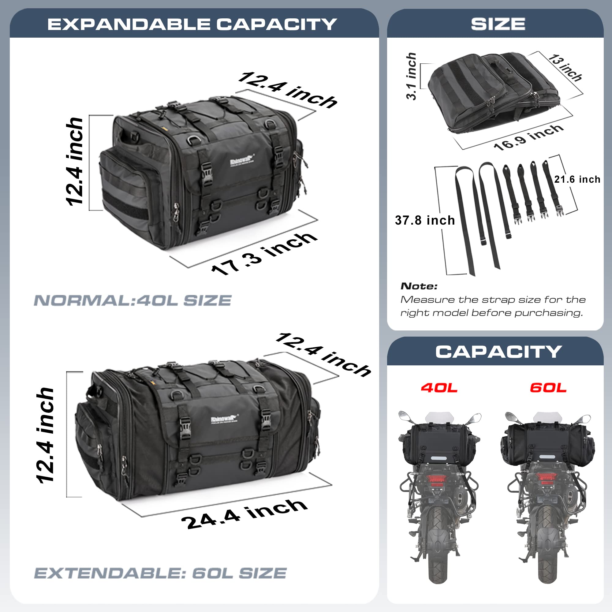 Rhinowalk Motorcycle Tail Bag, Expandable Motorcycle Travel Luggage Bags 60L, Motorcycle Powersports Saddle Bags, Motorbike Helm