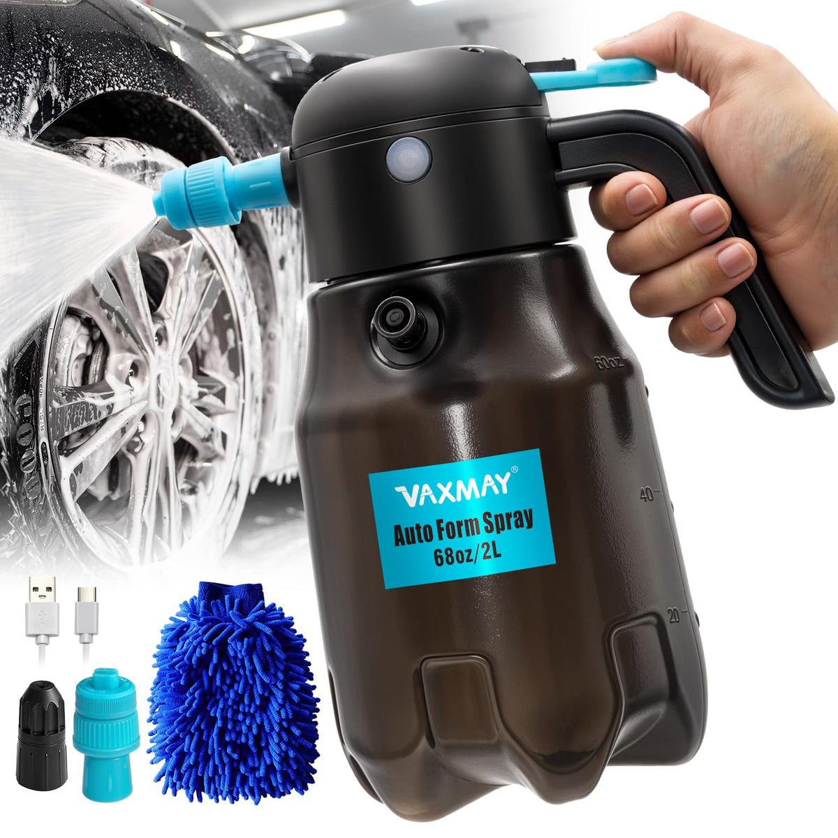 VAXMAY Electric Foam Sprayer 0.5Gal/2L, 60PSI Powerful Battery Powered Car Foam Sprayer, Rechargeable Foam Sprayer Car Wash with
