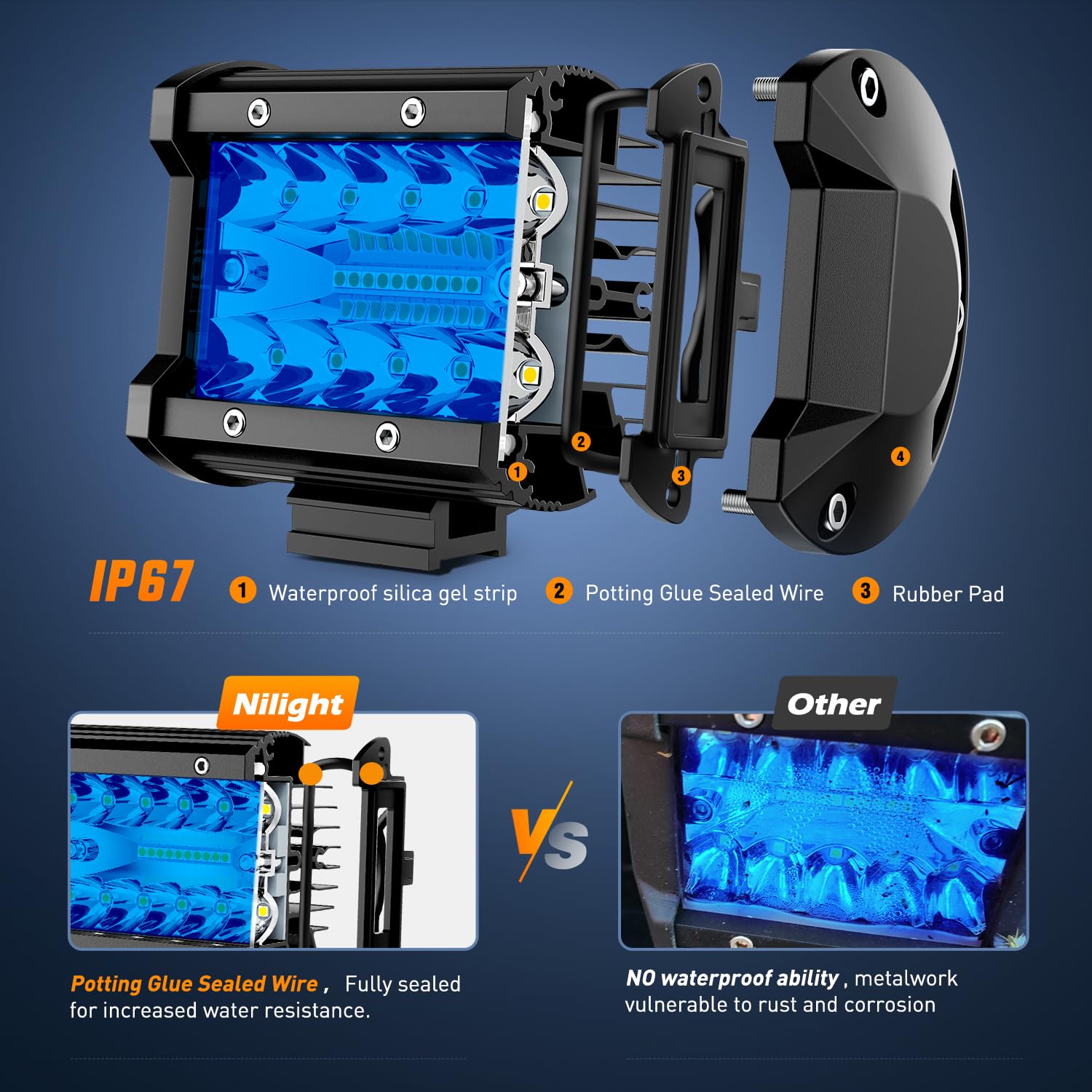 Nilight 4 Blue LED Light Pods - 60W Flood Spot Combo for UTV, Trailer, Boat, Tractor - Driving, Fog, Fishing, Emergency Lighting (2PCS)