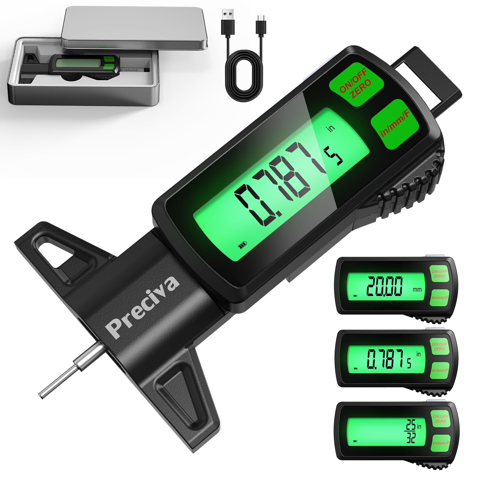 Preciva Rechargeable Tire Tread Depth Gauge, Touch Screen Digital Tire Depth Gauge with Lighting, in/MM/F Conversion, IP54 Water