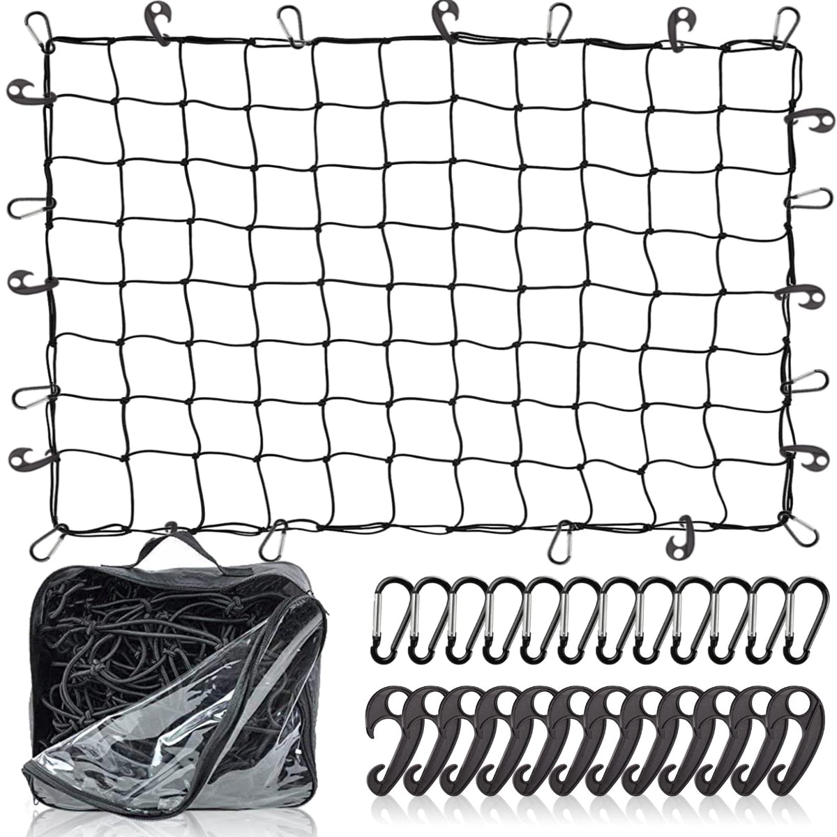 ZUOZE Natural Latex Core Cargo Net for Car SUV Roof Rack | 3'x4' Stretches to 6'x8' Small Bungee Net for Pickup Bed | 12 Carabin