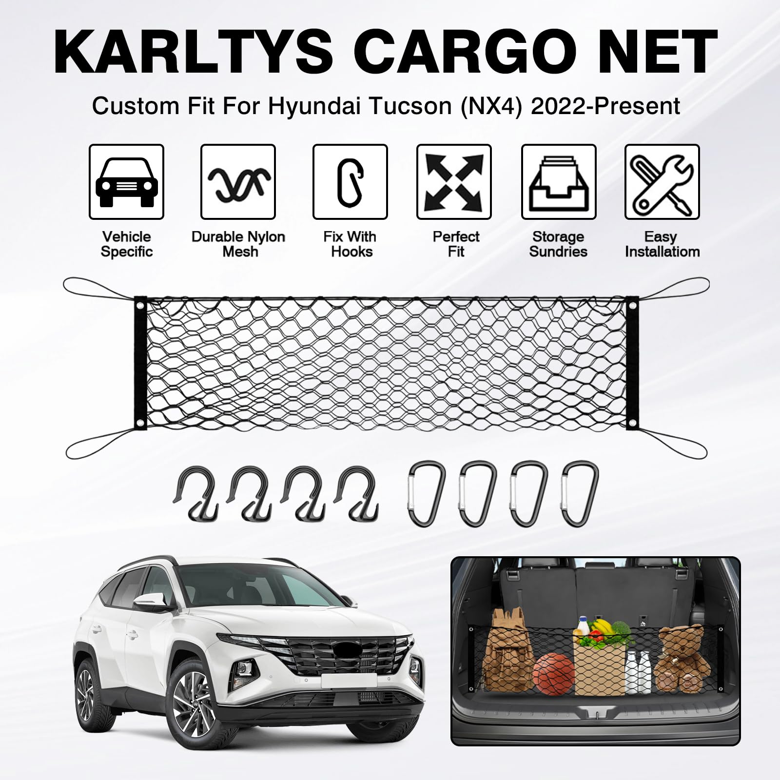 Karltys Envelope Style Cargo Net For Hyundai Tucson 2025 2024 2023 2022 Accessories, Adjustable Elastic Rear Trunk Cargo Net, He