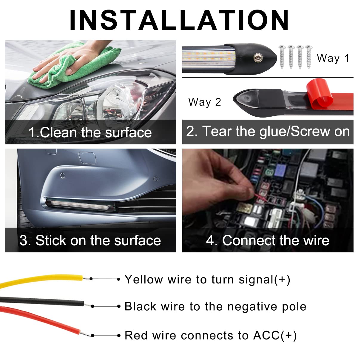 Exterior Car Led Lights, 2Pcs Flexible Daytime Running Light Strip Waterproof Auto Headlight Sequential White Turn Signal Yellow