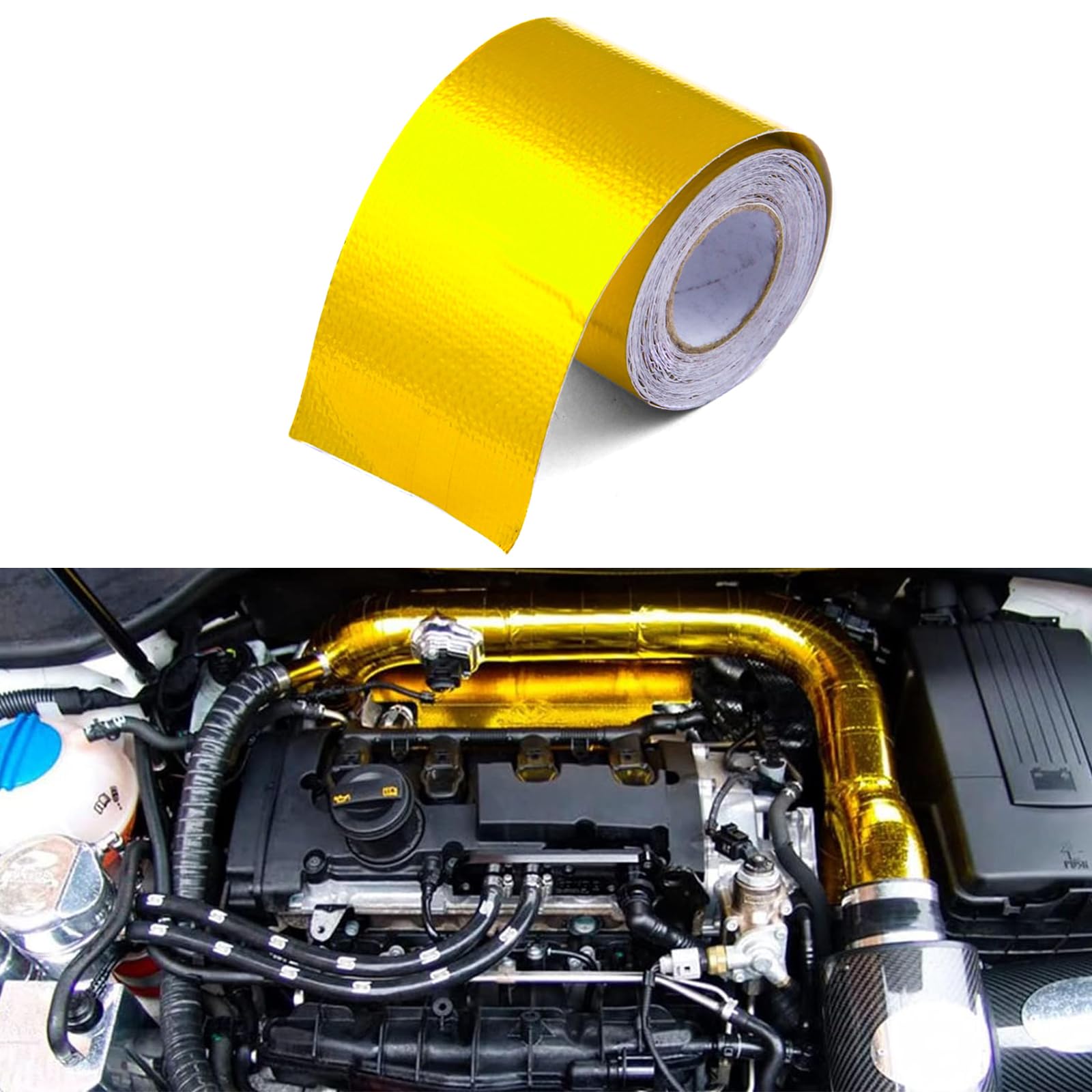 Sporacingrts 2'' X 65.6'(20M) Gold Adhesive Backed Heat Barrier Tape,Glassfiber Heat Shield Reflective Tape Wrap Roll,Compatible