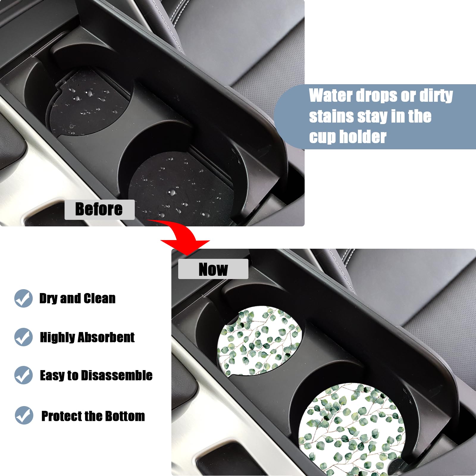 Car Cup Holder Coaster - Eucalyptus Round Green Leaf Absorbent Ceramic Coaster, Car Coasters for Cup Holders, Auto Accessories f