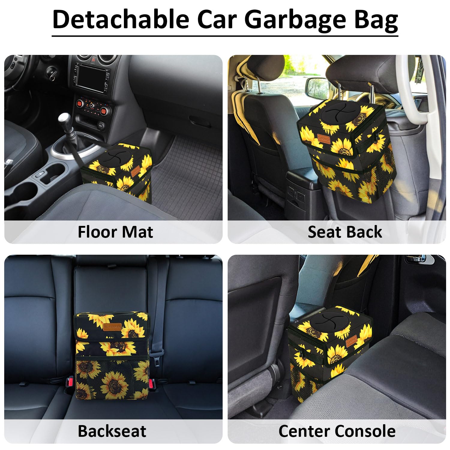 Elongriver Car Trash Can Bin For Car Back Seat Leak Proof, Cute Car Trash Bag Hanging, Vehicle Trash Can For Suv Truck Van, Automotive Car Garbage Cans Front Seat Sunflower Floral
