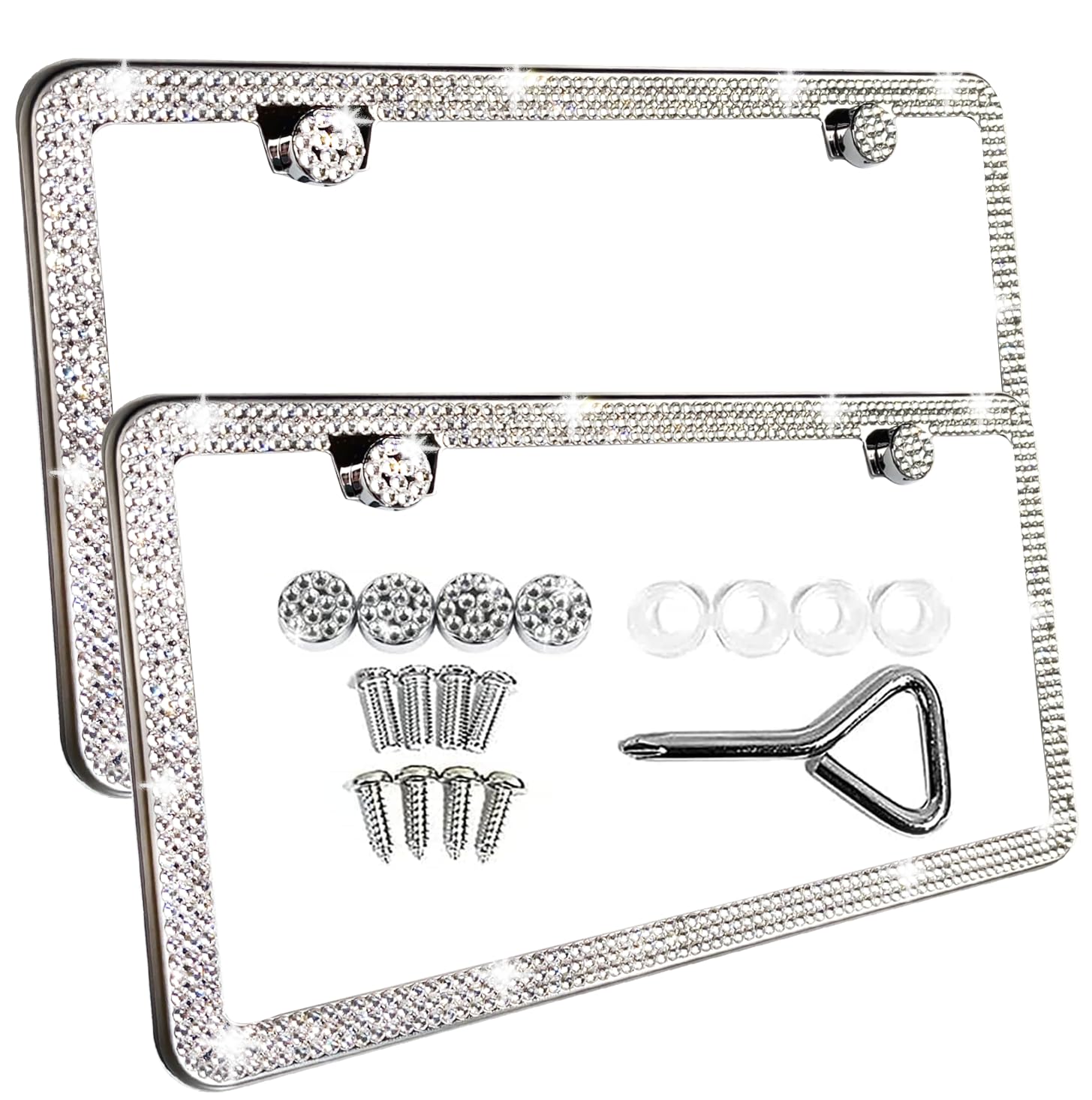 Sunplustrade Bling License Plate Frame For Women 2 Pack Sparkly License Plate Frames Bedazzled Diamond Rhinestone Crystals (Silv