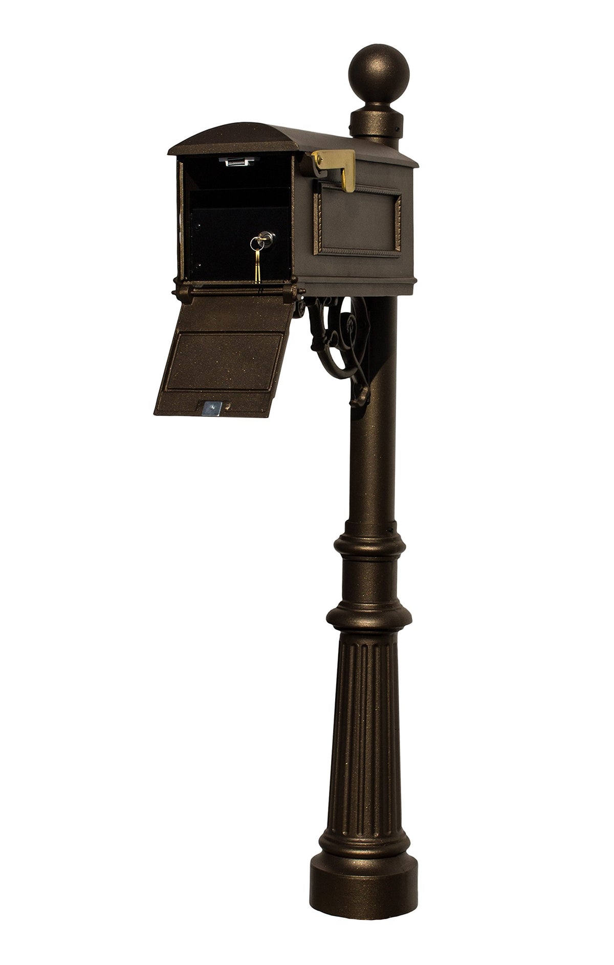 Qualarc LML-804-BZ Lewiston Rust Free Cast Aluminum Locking Mailbox System with Post, Decorative Ball Finial & Fluted Base, Bronze