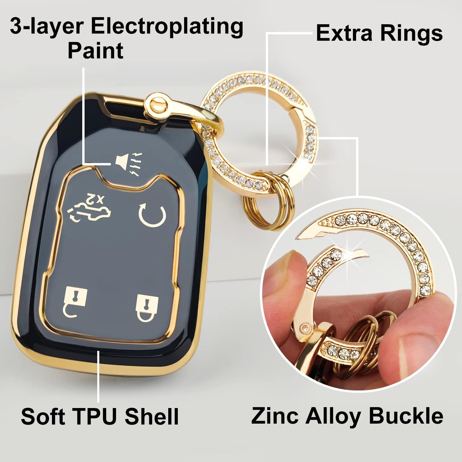 Ollen 5-Button Tpu Key Fob Cover, Fit For Gmc Acadia 2017-2025, For Terrain 2018-2025, For Sierra 2019-2025, For Chevy Silverado 2019-2022, Full Protection Soft Tpu Key Case, With Bling Ring, Black