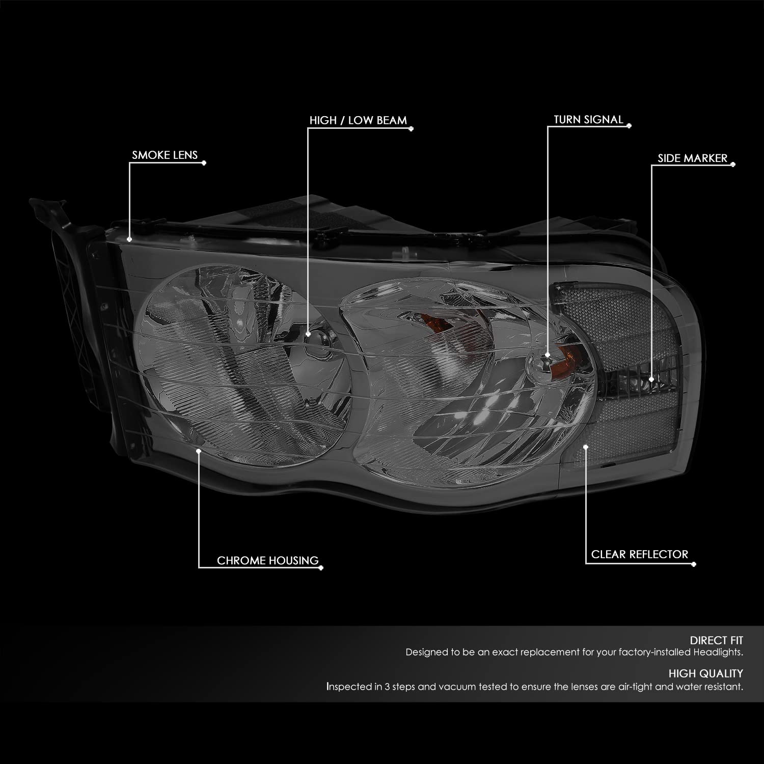 Dna Motoring Hl-Oh-Dr02-Sm-Cl1 Smoke Lens Clear Corner Headlights Compatible With 02-05 Ram 1500/03-05 Ram 2500 3500, Left & Rig