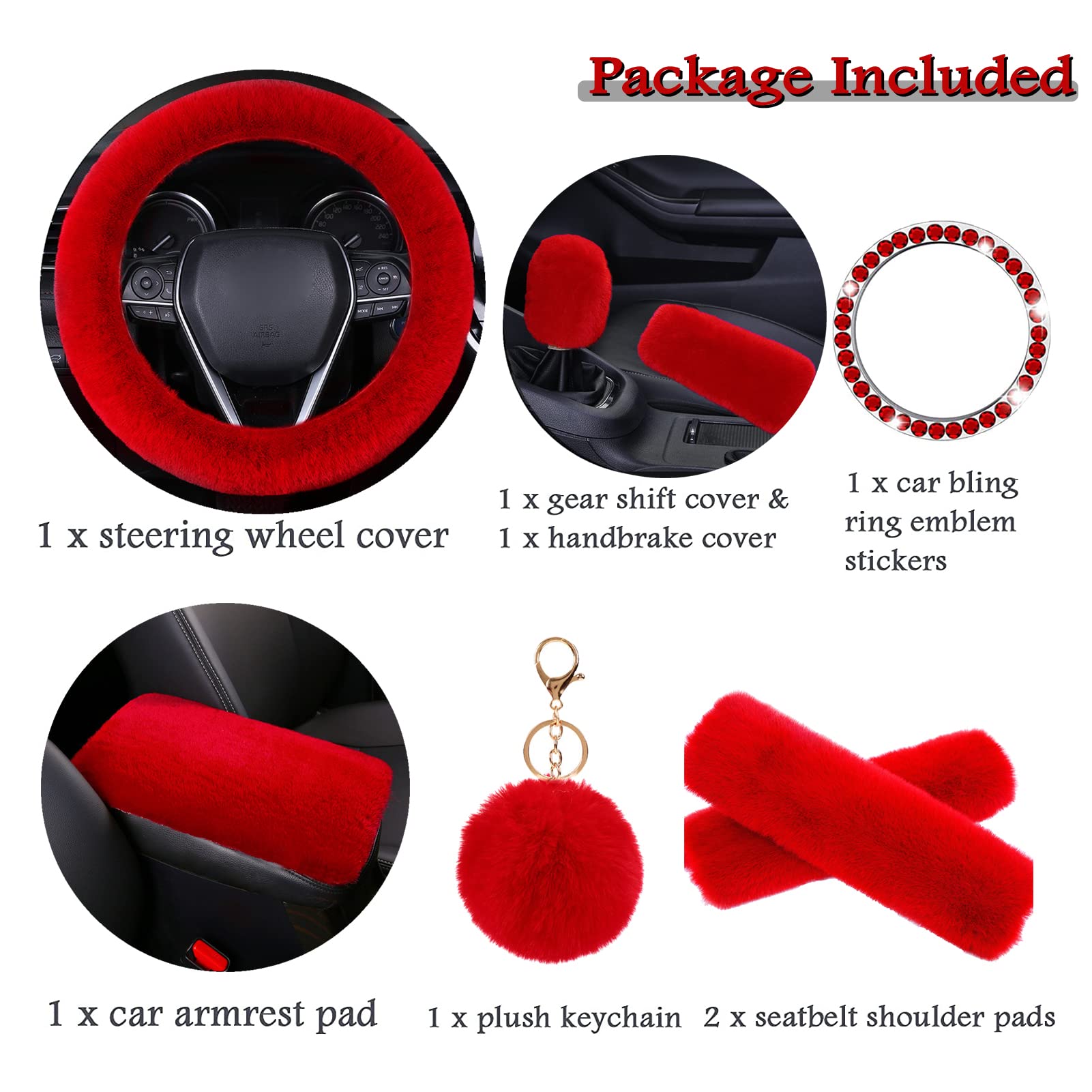 Zynqacc 1 Set 8 Pieces Fluffy Steering Wheel Cover Set,Warm Soft Fuzzy Steering Wheel Covers For Women/Girls,Universal 15 Inches Girls Car Accessories (Red)