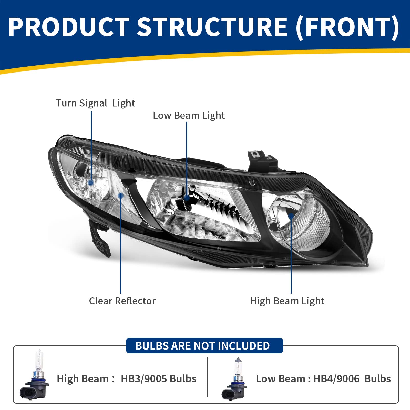 Autosaver88 Headlight Assembly Compatible With 2006 2007 2008 2009 2010 2011 Civic Sedan 4-Door Headlamp Clear Lens