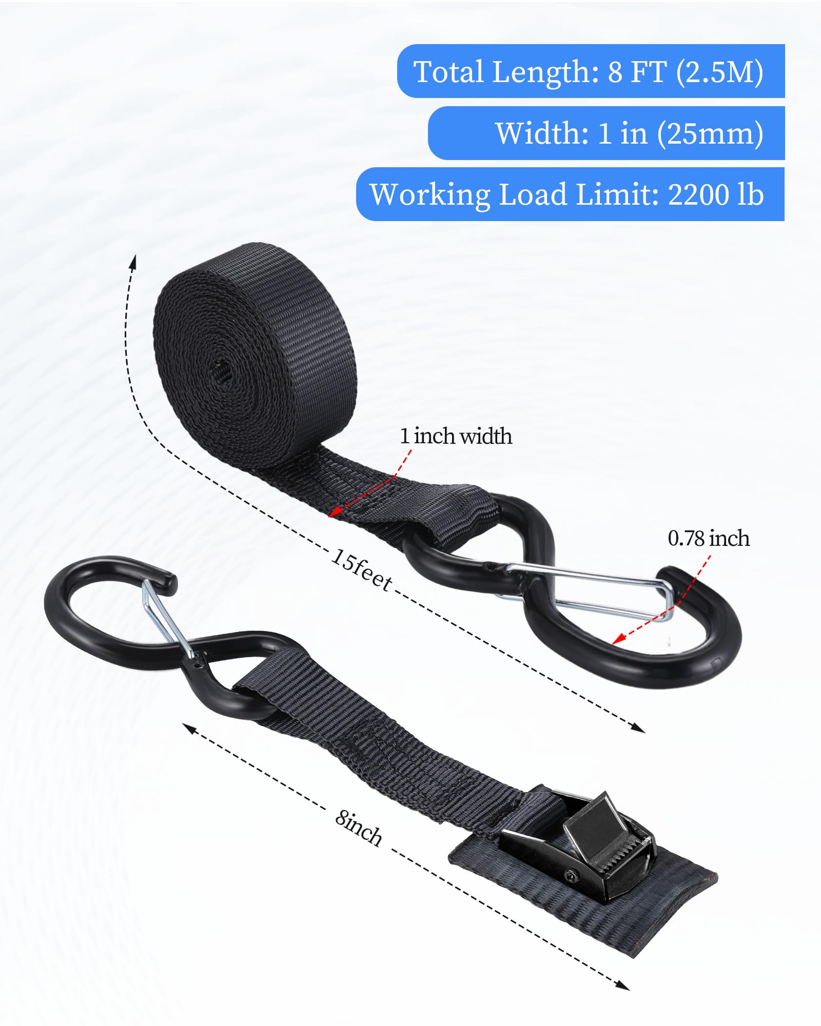 Upgraded 1'' X 8' Tie Down Straps, Cargo Roof Rack Strap Cam Buckle With Hooks, Heavy Duty Secure Strap, Black - Pack Of 2