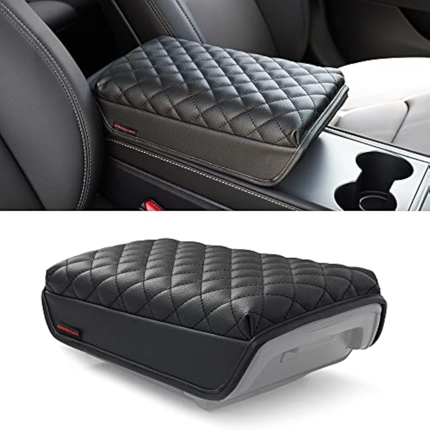 Kmmotors Model Y, Model 3 Center Console Cover Quilting Black, Armrest Cushion, Console Protector, Vegan Leather, Tesl* Accessor