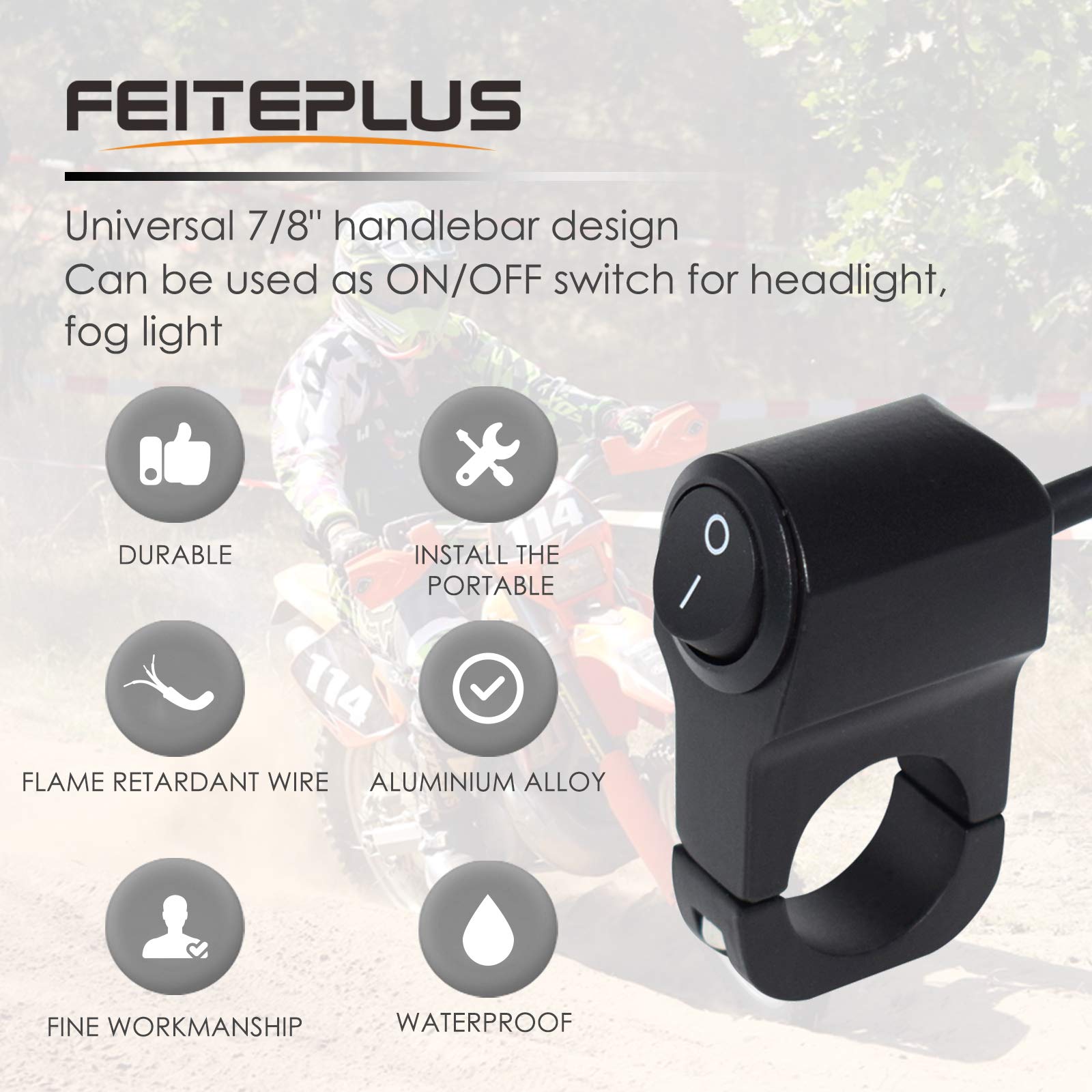 Feiteplus 7/8'' Motorcycle Handlebar Mount ON-Off Switch DC 12V for Motorbike Fog Lamp Head Light Electrical System