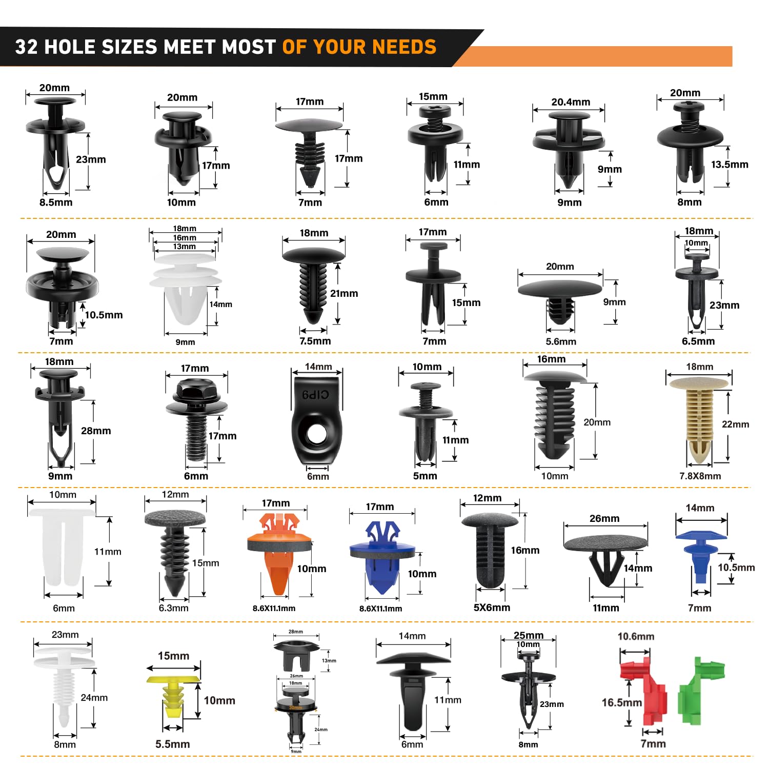 Gooacc 975Pcs Car Push Retainer Clips & Auto Fasteners Assortment 33 Most Popular Sizes Bumper Fender Rivets With Cable Ties Rem