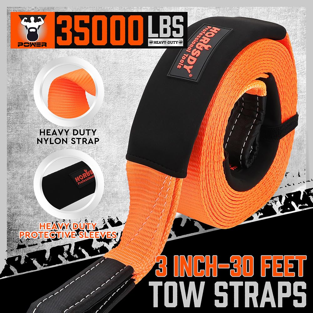 Horusdy Nylon Heavy Duty Tow Strap Recovery Strap With Hooks 3'' X 30Ft - 35,000 Lbs Break Strength, 3/4 D Ring Shackles (2Pcs),
