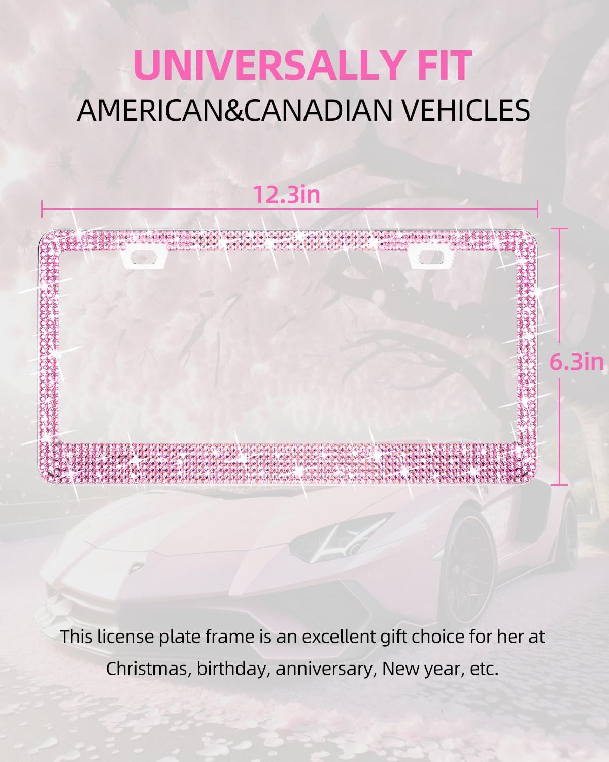 Xclpf Bling Pink License Plate Frames For Women,Handcrafted Clear Glass Diamond Rhinestone Crystals,1 Pcs Sparkly Stainless Stee