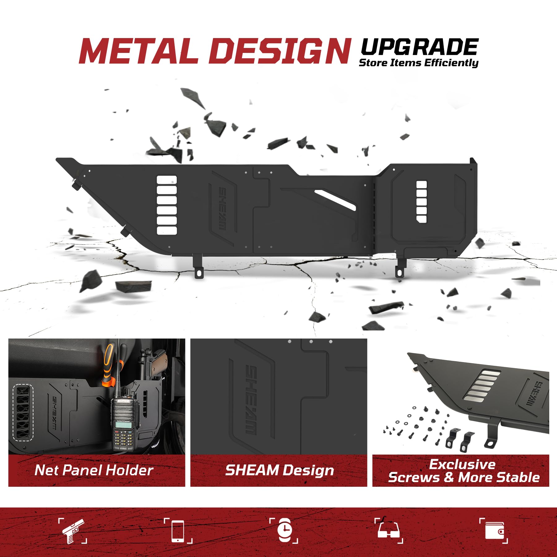 SHEAM Metal Front Door Pocket Storage Box Compatible with 2018-2025 Jeep Wrangler JL 2/4 Door 4XE Gladiator JT, Car Side Insert