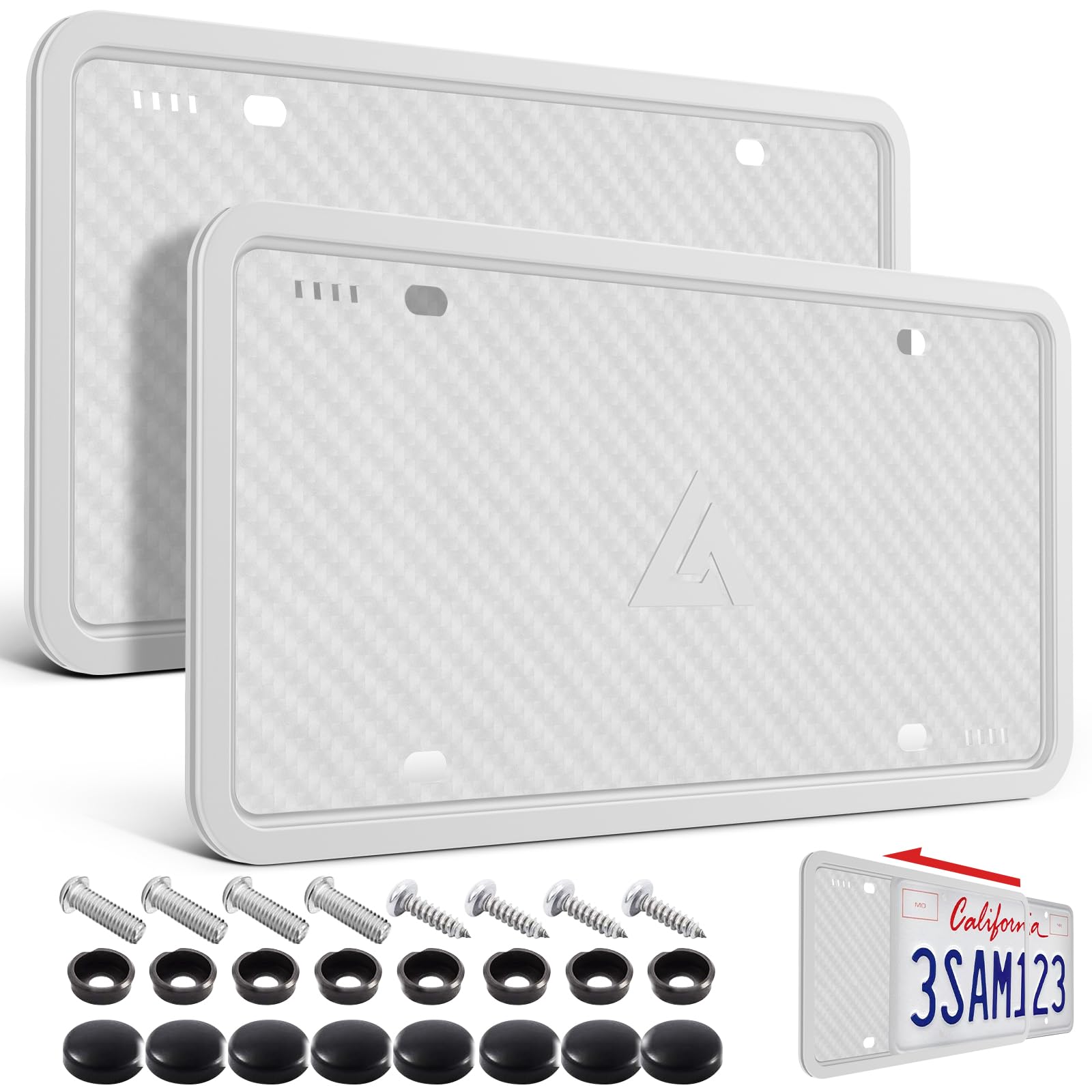 Aujen Silicone License Plate Frames, 2 Pack White Side-Opening License Bracket Holder, Without Obstruction. Rustproof, Rattle Pr