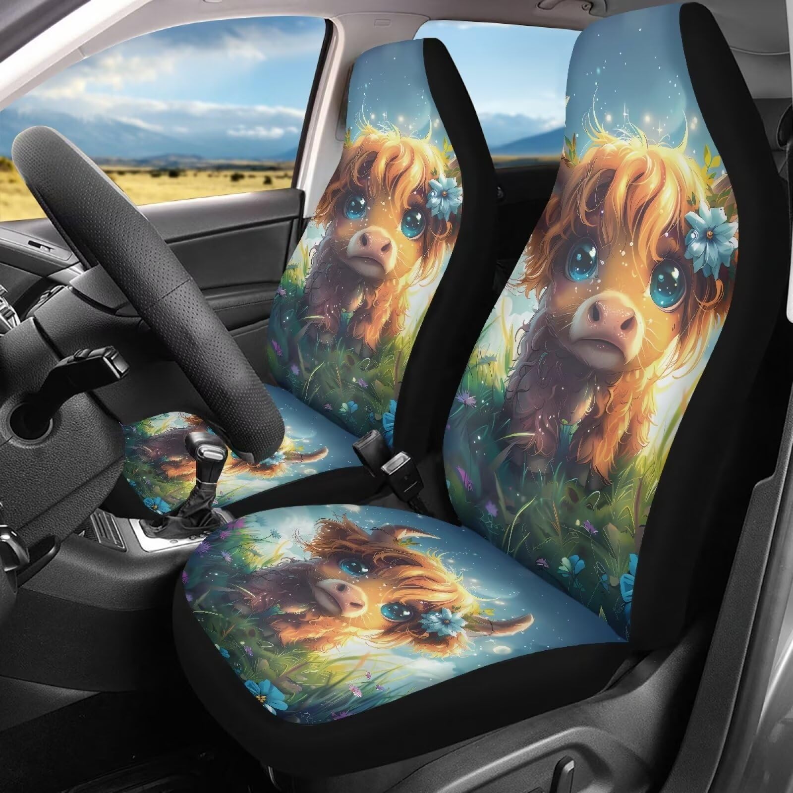 TOADDMOS Kawaii Highland Cow Car Seat Covers for Front Seats Decorative Automotive Car Interior Covers Vehicle Cushion Seat Cove