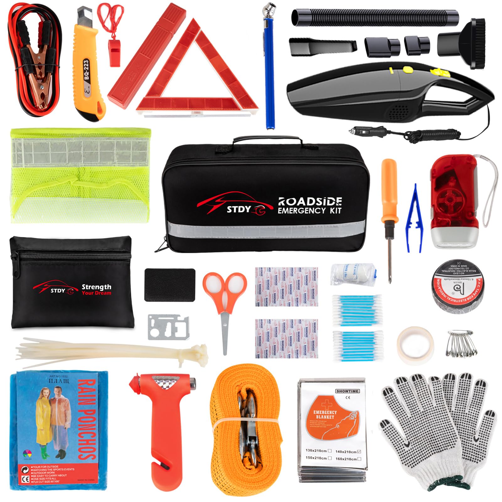 Stdy Car Roadside Emergency Kit, Vehicle Truck Safety Road Side Assistance Kits Auto Accessory, With Jumper Cables, Car Vacuum,