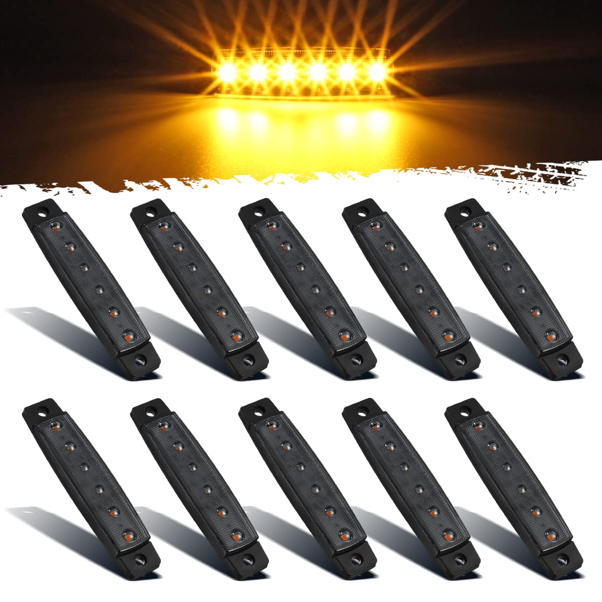 Partsam 10Pcs 3.8'' Thin Amber 6Led Side Marker Clearance Lights Grill Lights Strip Indicators For 12V Trailer Lorry Van Trucks