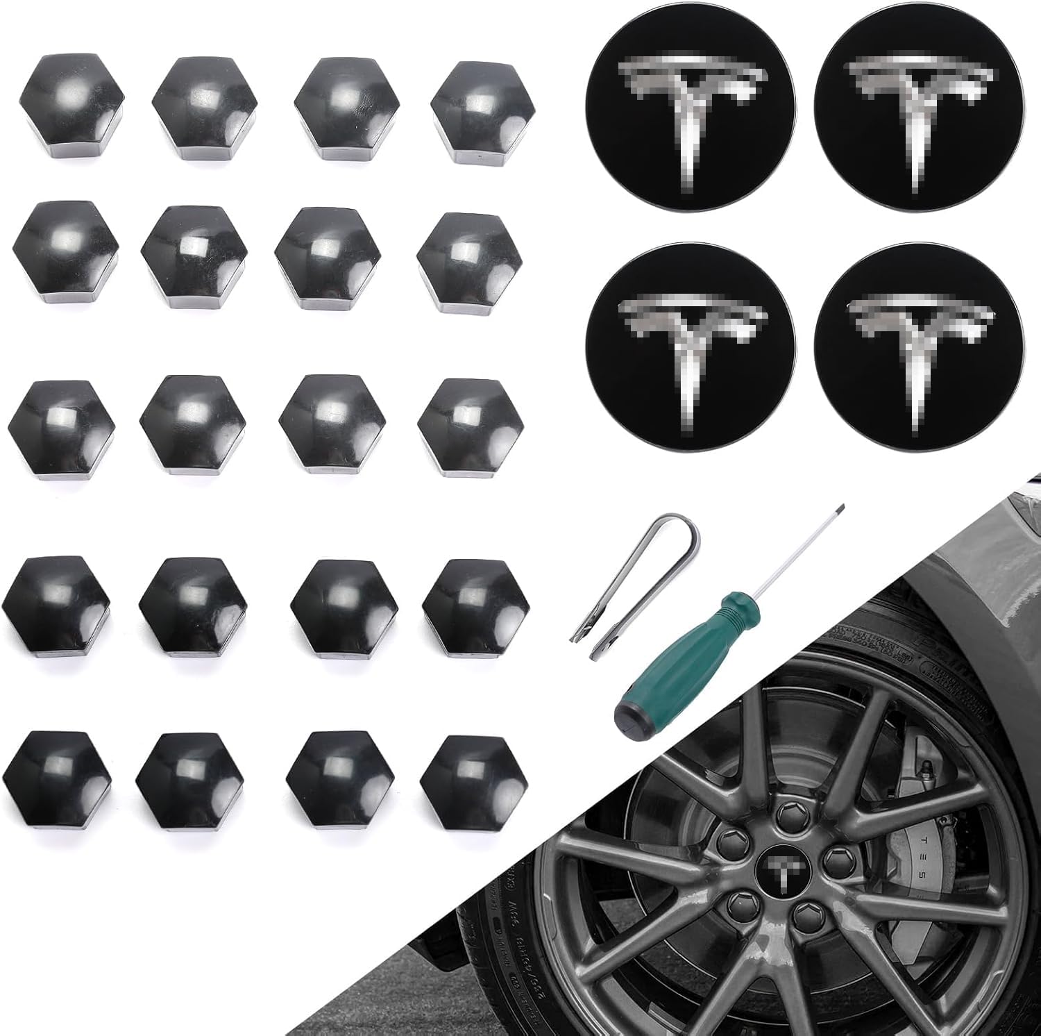 Roccs Compatible With Model 3 S X Set Aero Wheel Cap Kit, Center Logo Emblem Modification Hub Cover With Cap Lug Nut Cover, Silv
