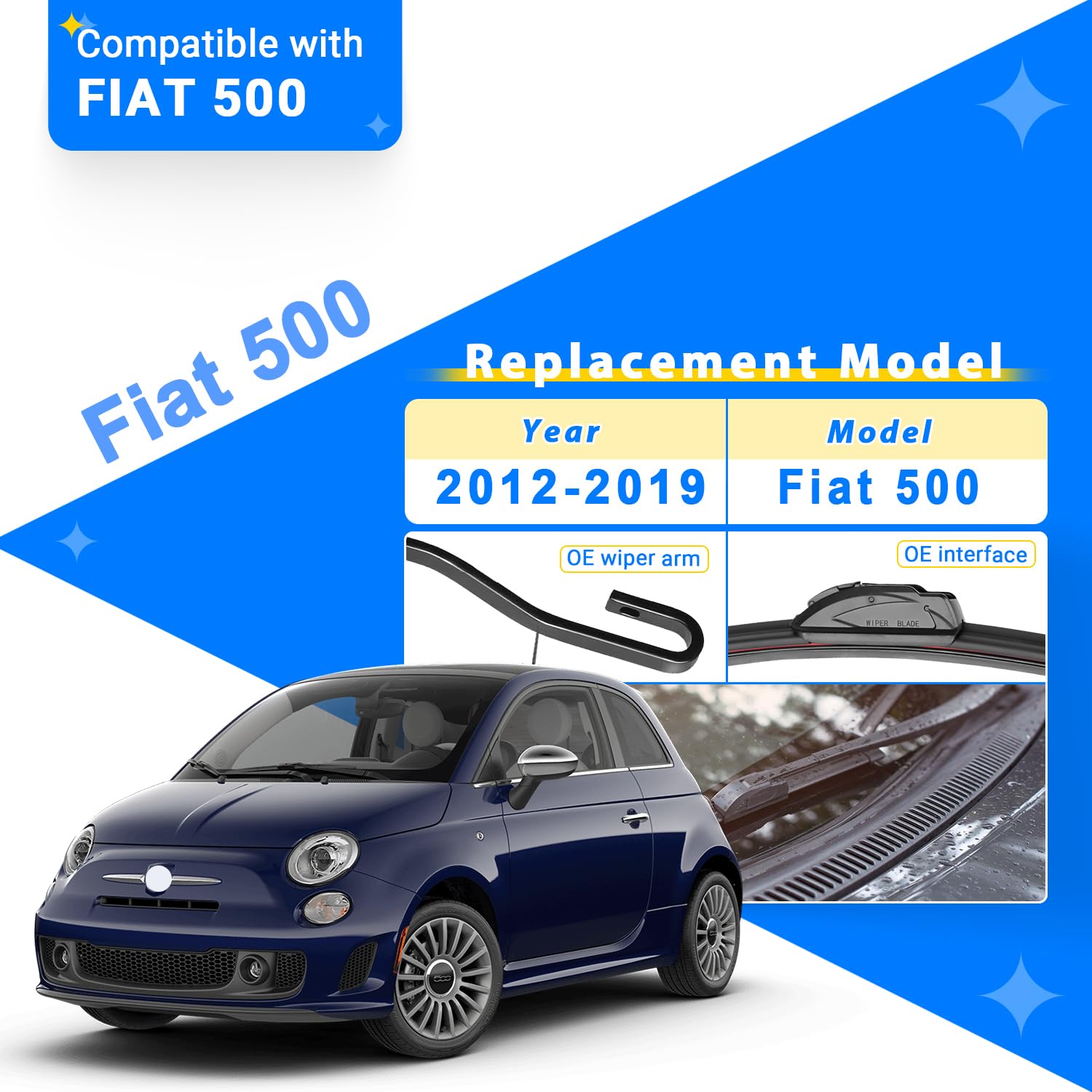 Raintok Windshield Wiper Blades Replacement For 2012-2019 Fiat 500 Original Factory Quality Front Rear Wipers Blade Set For My C