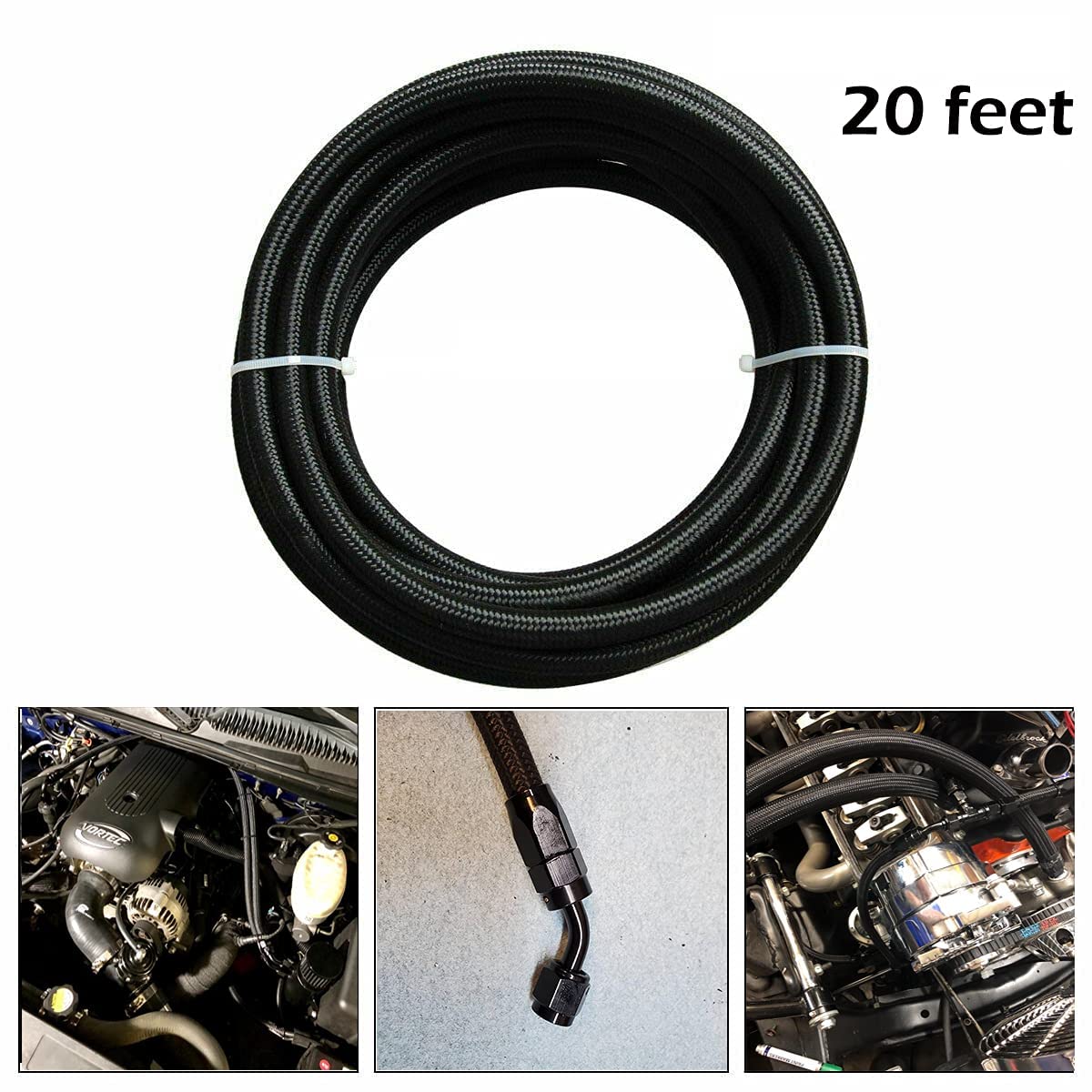 3/8 6An 20Ft, Nylon Stainless Steel Braided Fuel Line Oil/Gas/Fuel Hose End Fitting Hose With 10Pcs Swivel Fitting Adapter Kit - Black