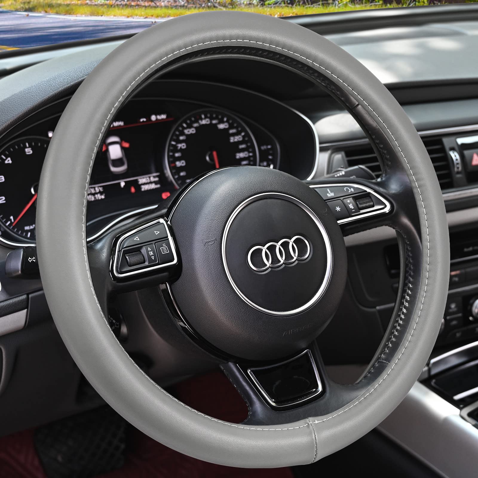 Haokay Heavy Duty Pure Cowhide Steering Wheel Cover Suv Car, Gray Genuine Leather Steering Wheel Cover Men Women Universal 14.5