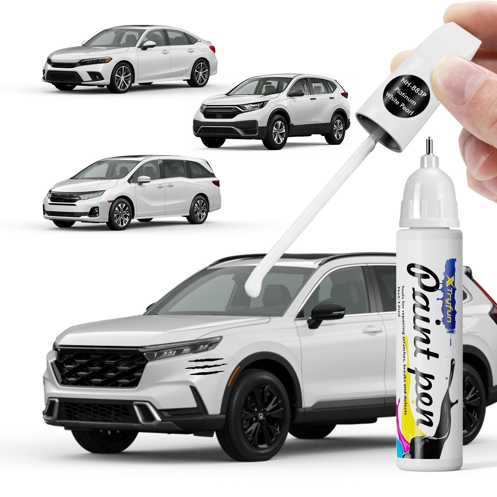 XTryfun Platinum White Pearl (NH-883P) Touch Up Paint Compatible with Honda, DIY Car Paint Scratch Repair, Quick & Easy Fix Auto