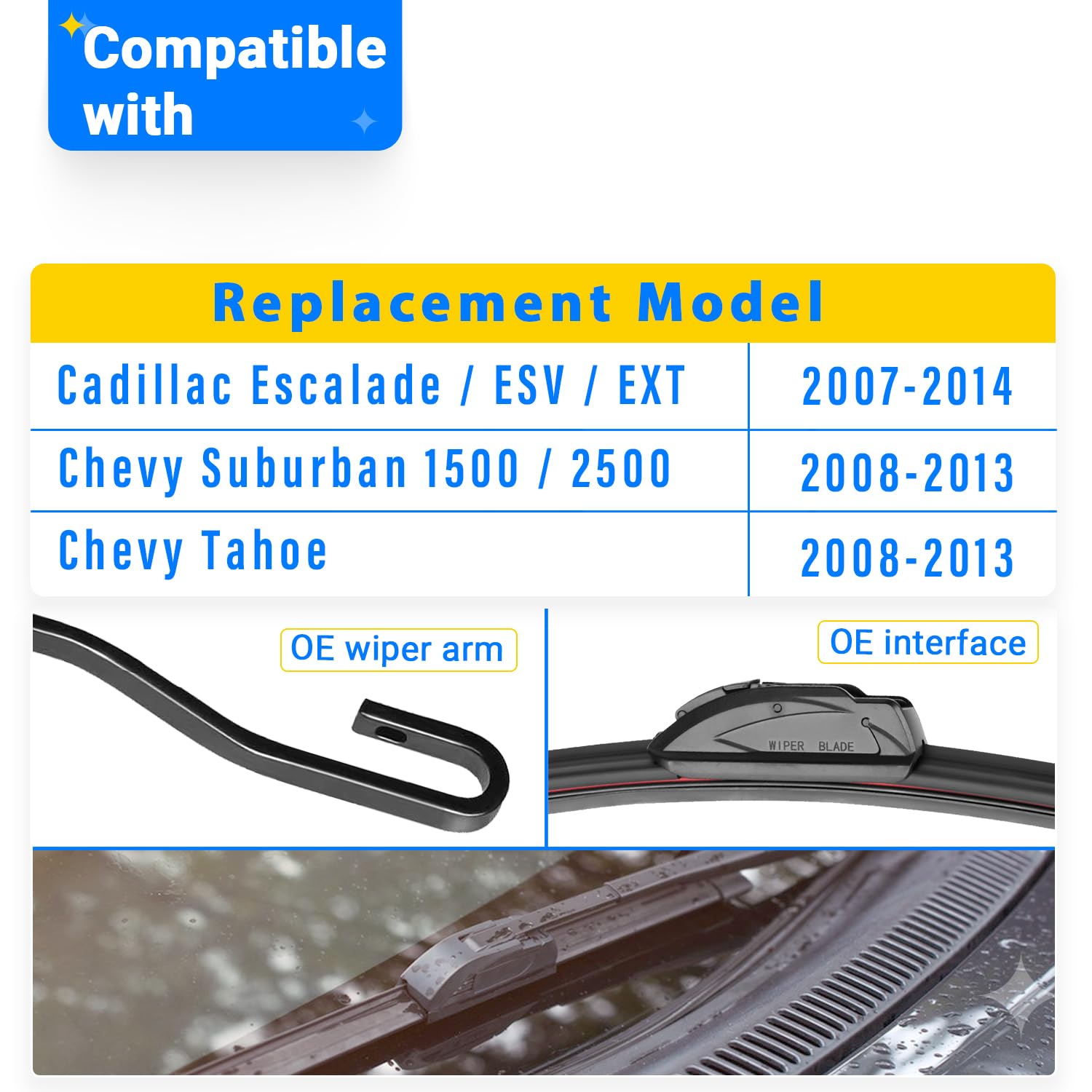 Raintok Windshield Wiper Blades Replacement For 2007-2014 Cadillac Escalade Esv Ext & 2008-2013 Chevy Suburban 1500 2500 & 2008-