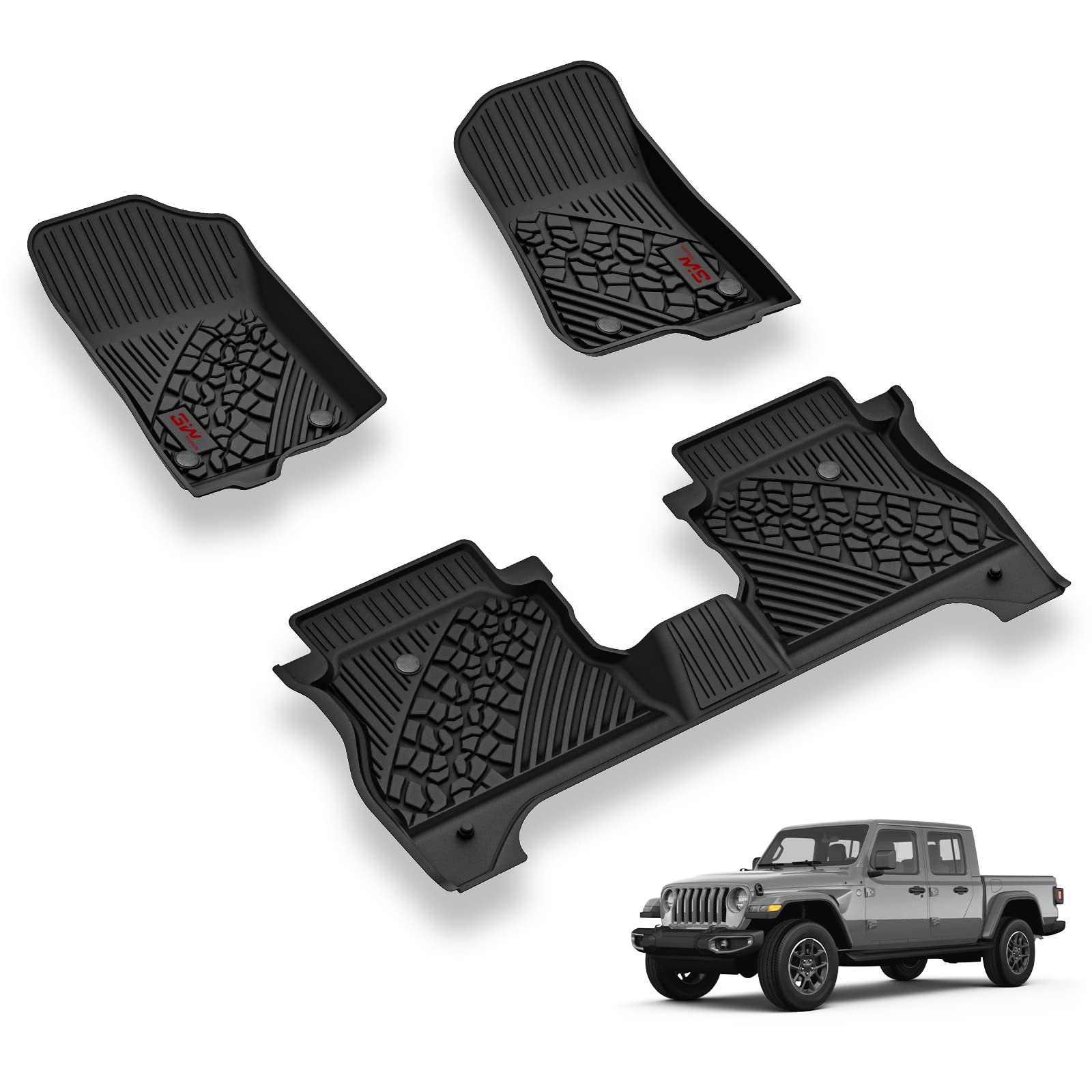 3W Floor Mats Compatible For Jeep Gladiator 2020-2024, Custom Fit Tpe All Floor Liner For Weather Jeep Gladiator,1St & 2Nd Row Full Set Car Liners With Red Logo,Black