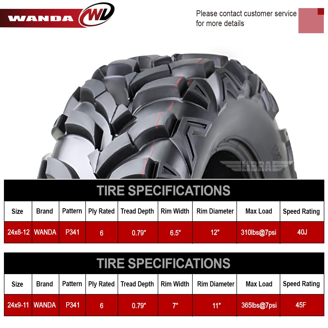 Wanda Set Of 4 New Atv/Utv Tires 24X8-12 Front & 24X9-11 Rear /6Pr P341-10151/10153