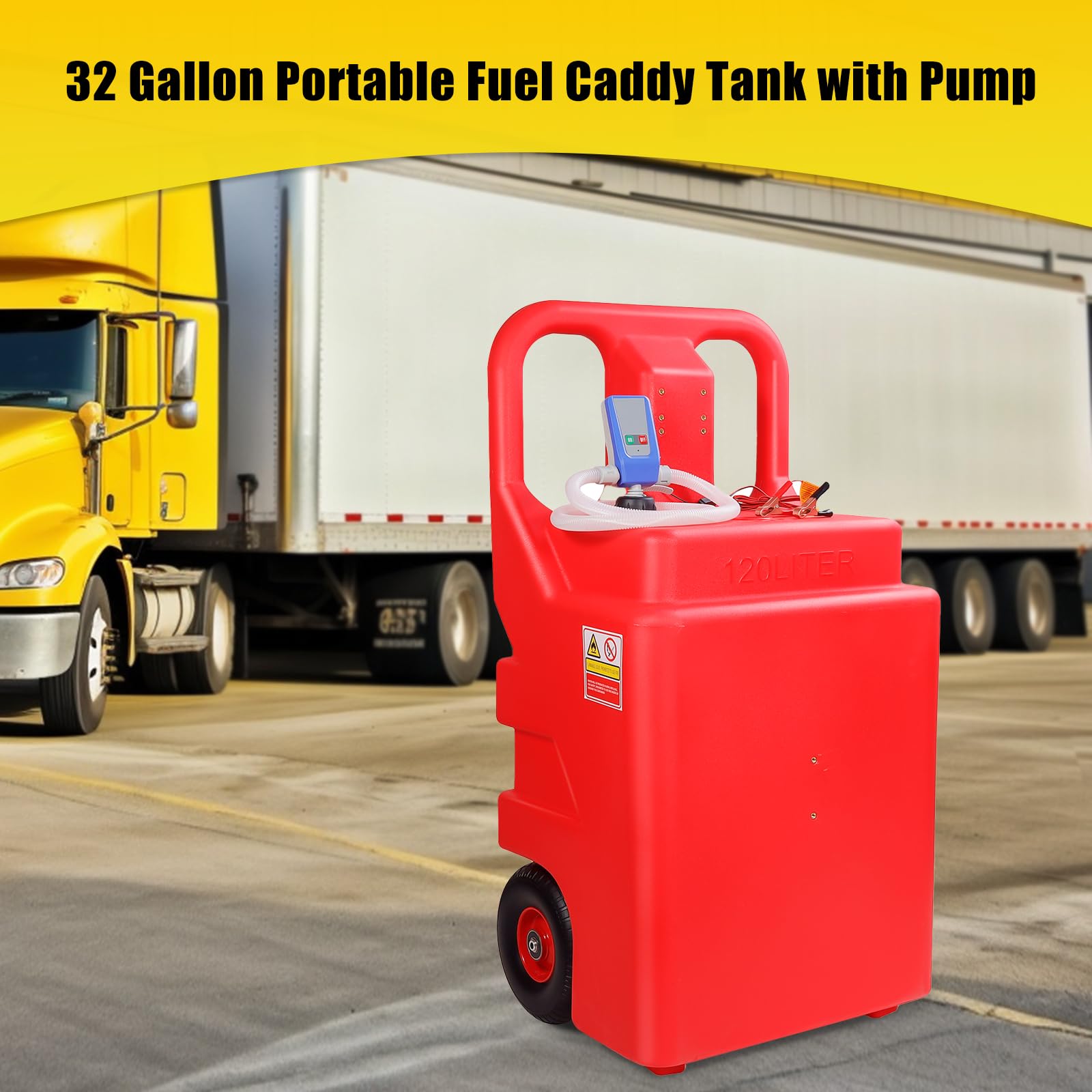 Automatic Fuel Transfer Pump with 32 Gallon Portable Fuel Caddy Tank, Auto-Stop Sensor Nozzle, AA Battery/12V DC 2 Power Modes,