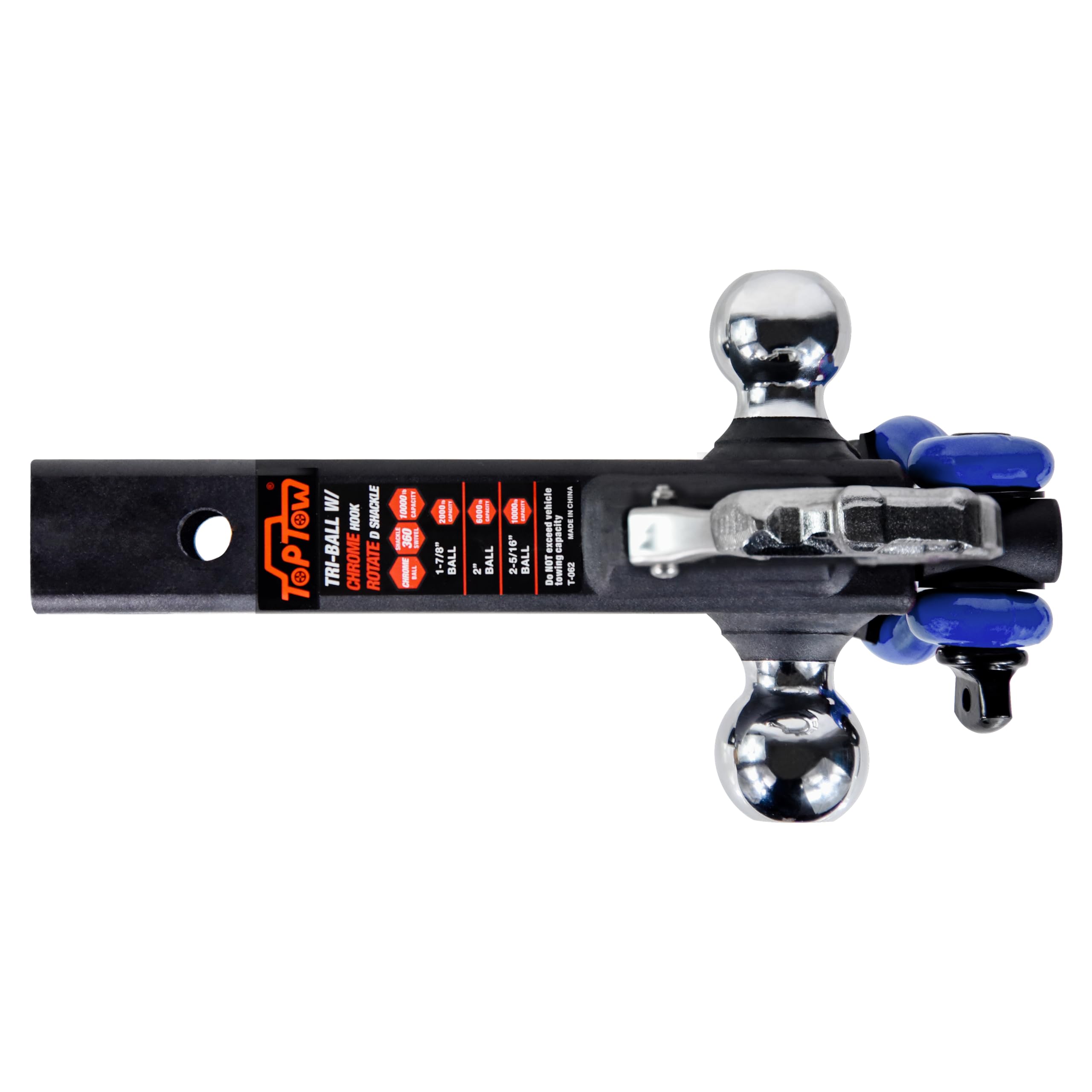 TOPTOW Trailer Hitch with Blue Recovery Shackle Ball Hitch Mount w/Chrome Triple Tow Ball, 2-in Shank, Multi Fit for 2 inch Trai