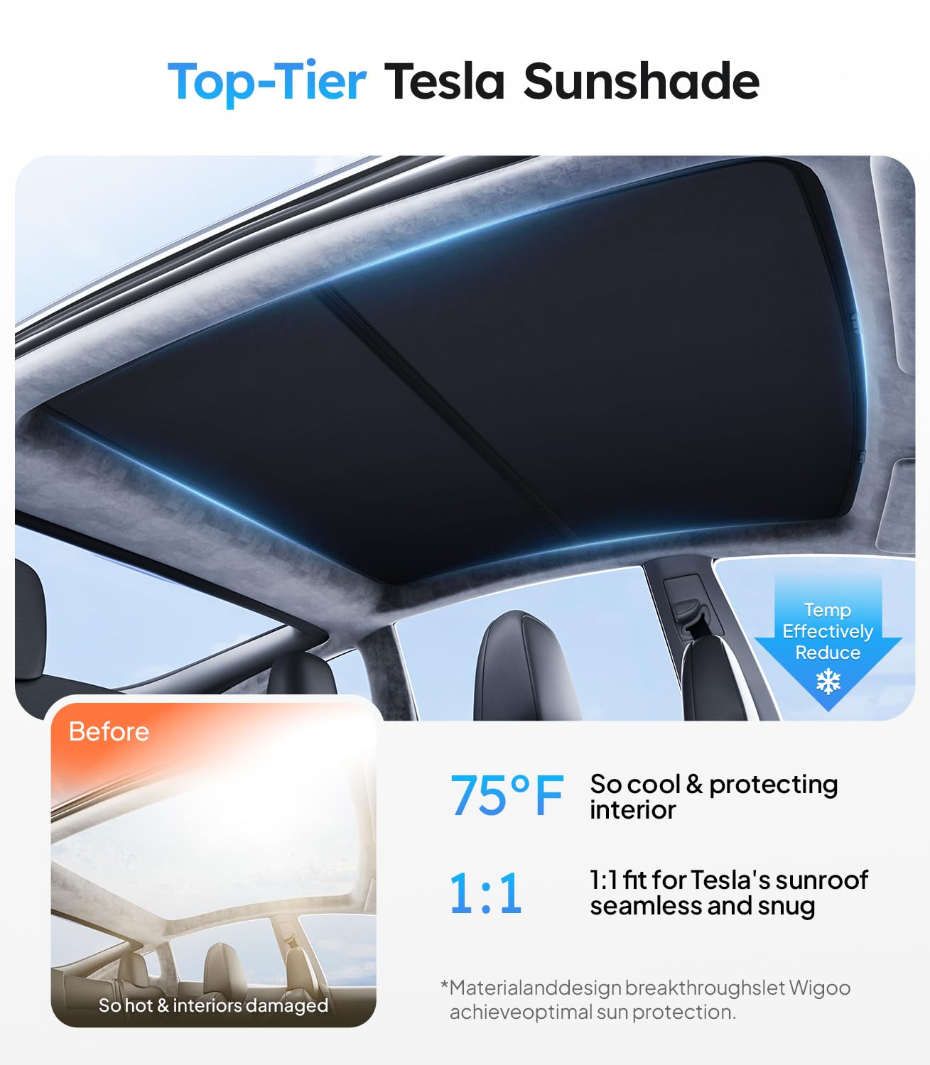 Wigoo Tesla Model S Sunshade Roof [Never Sag, Nano Ice-Crystal Coatings] 3-Gen Heat Insulation Glass Roof Sun Shade, Accessories