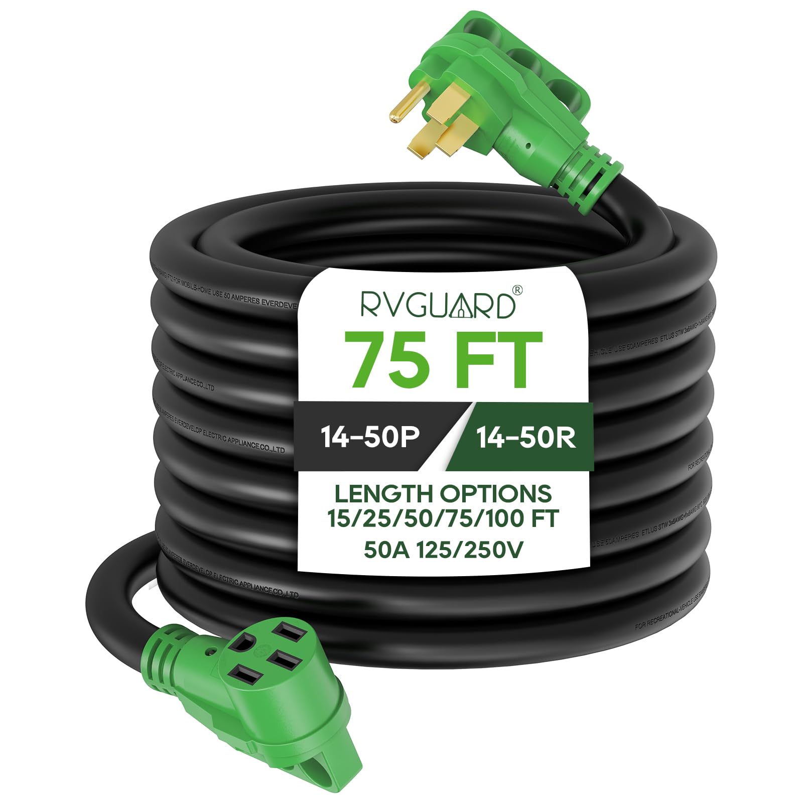 Rvguard 50 Amp 75 Foot Rv/Ev Extension Cord, Nema 14-50P/R Heavy Duty Extension Cord With Led Power Indicator And Cord Organizer, Green, Etl Listed